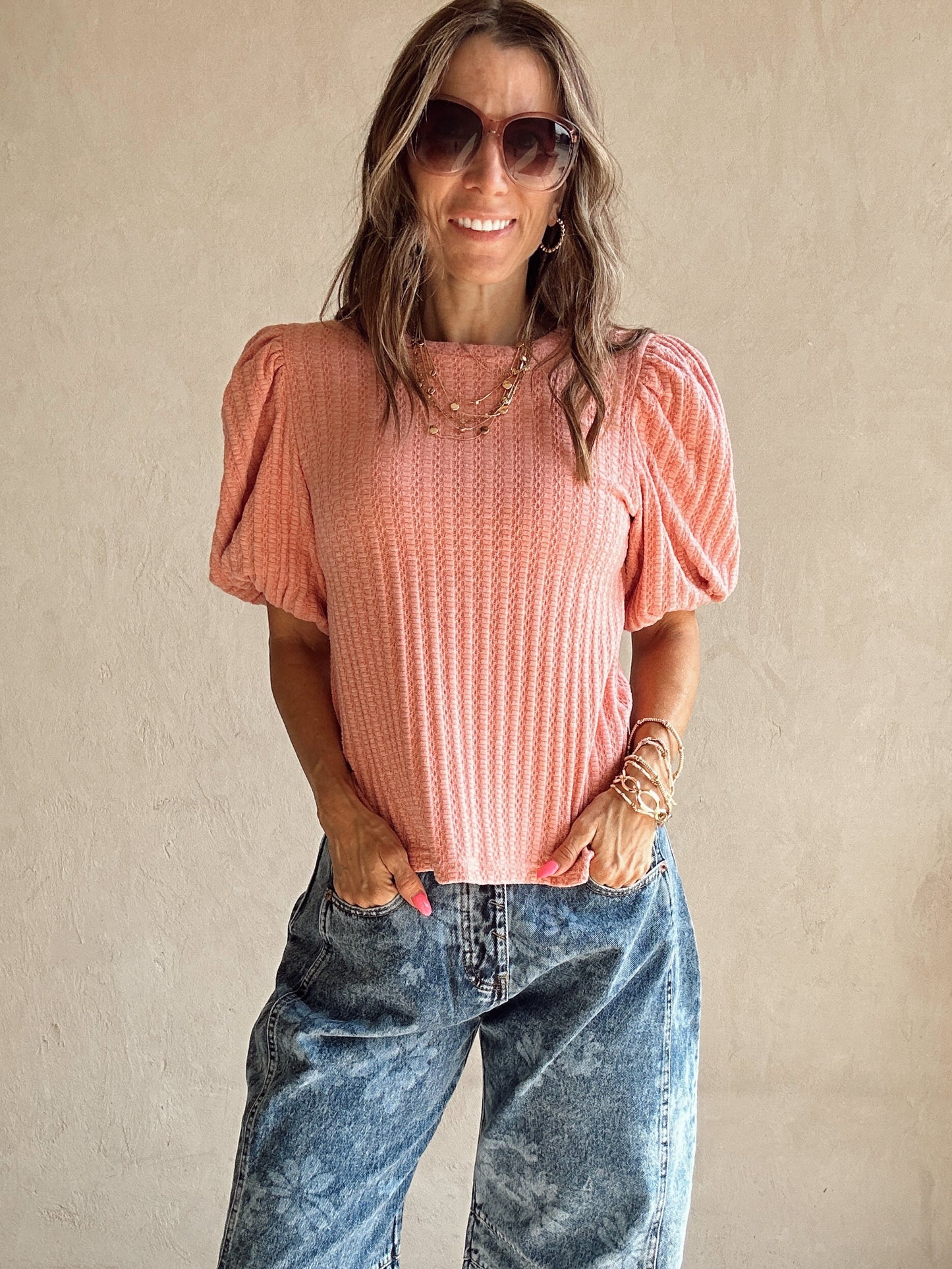Annie Wear Textured Puff Sleeve Top in Rose