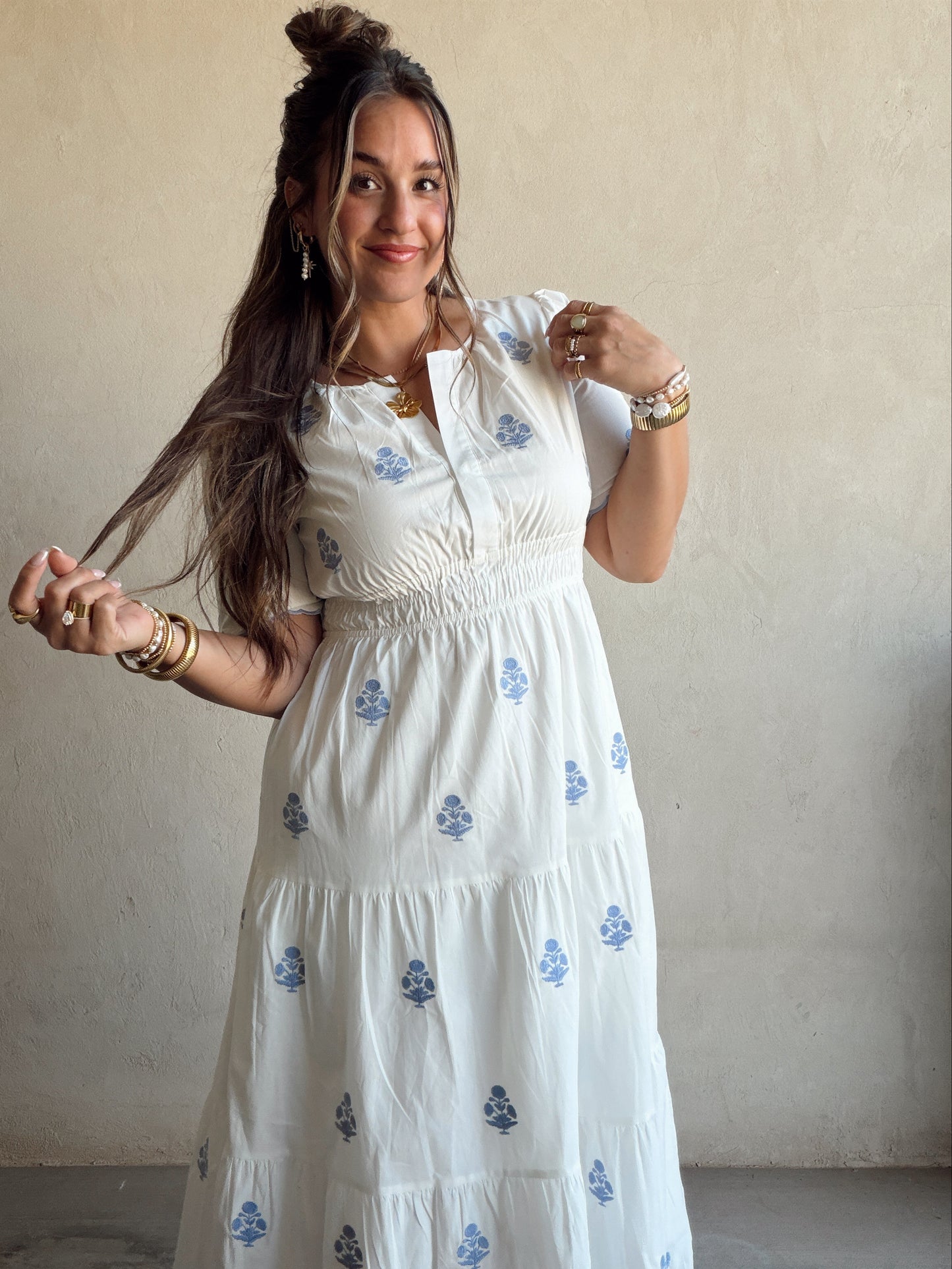 Perry Floral Dress in White & Blue