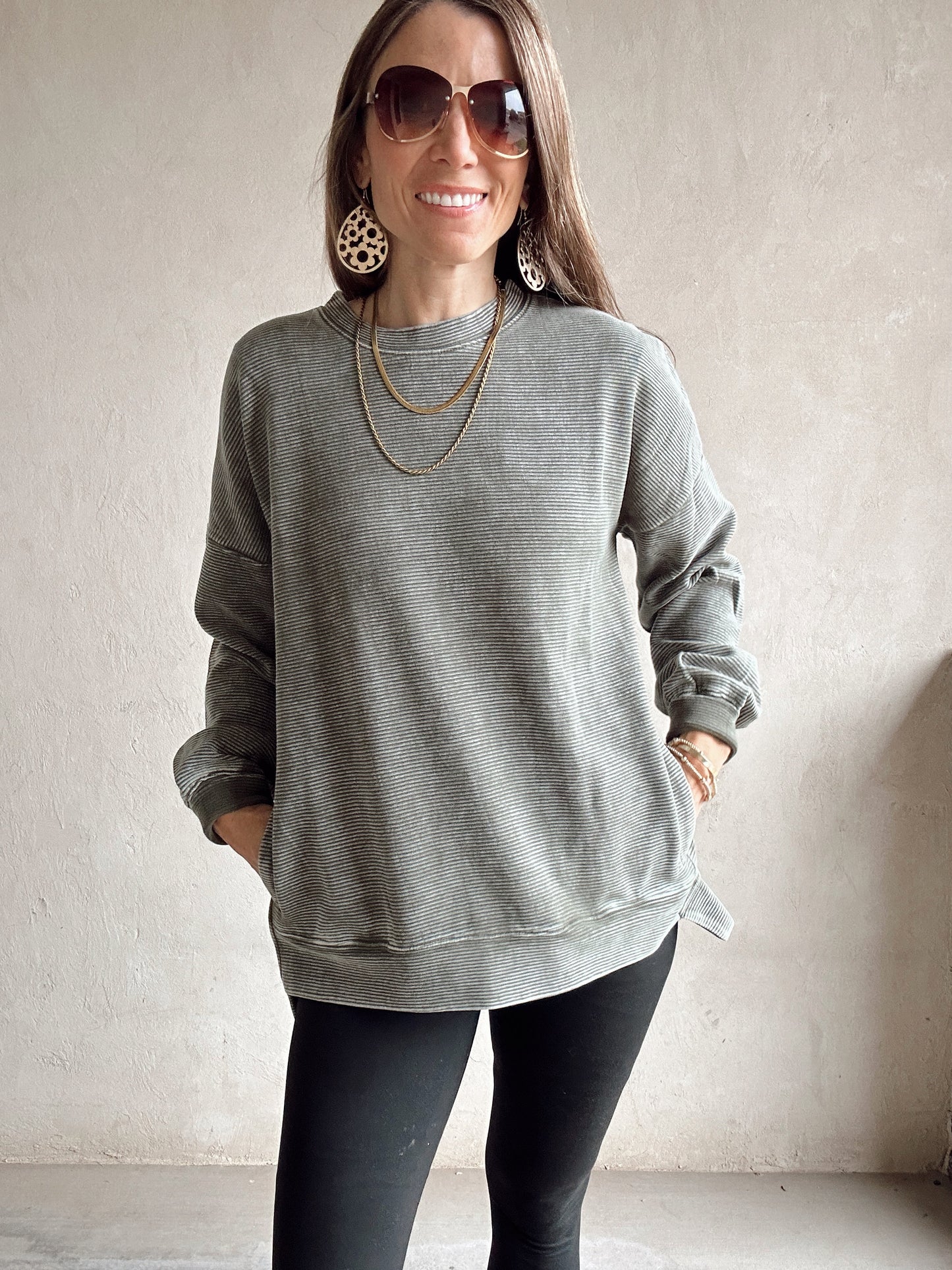 Dallas Double Ribbed Pullover in Army Green