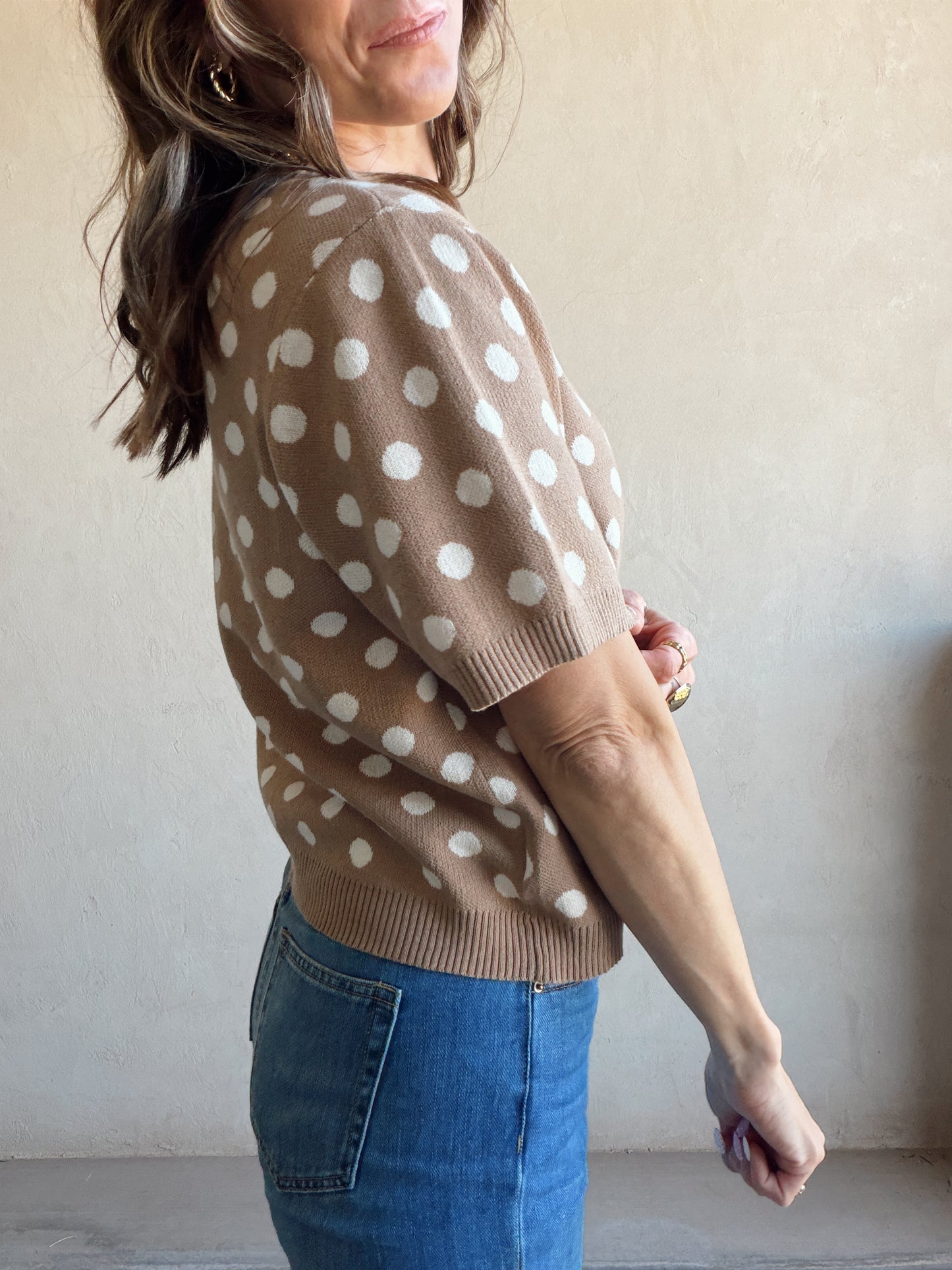 Polka Dot Cardigan in Taupe & Ivory