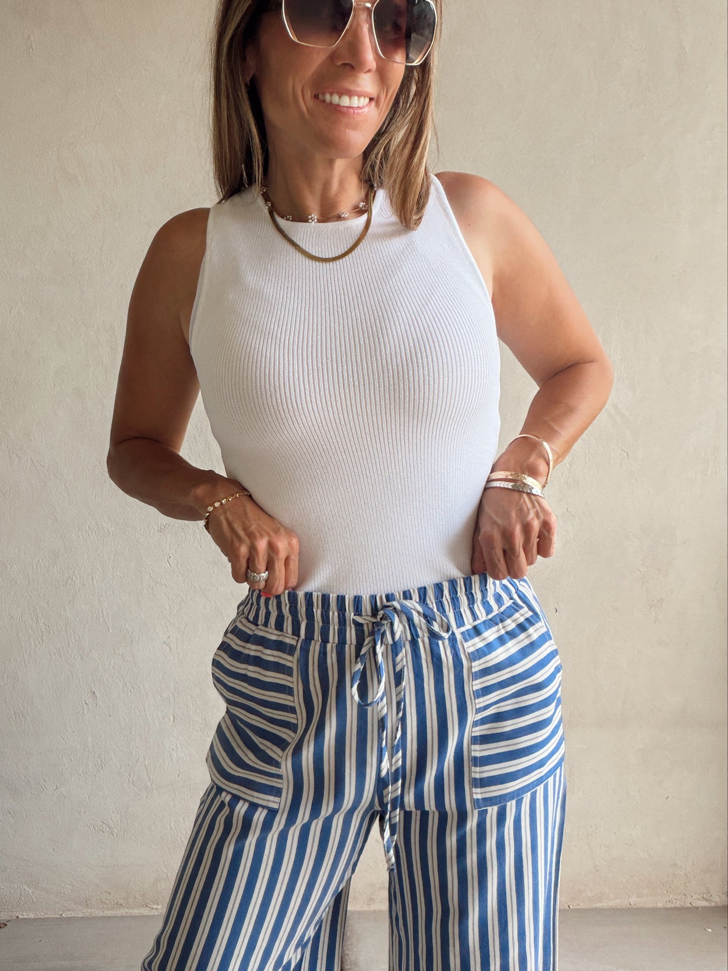 Kyla Drawstring Stripe Linen Pants in Blue & White