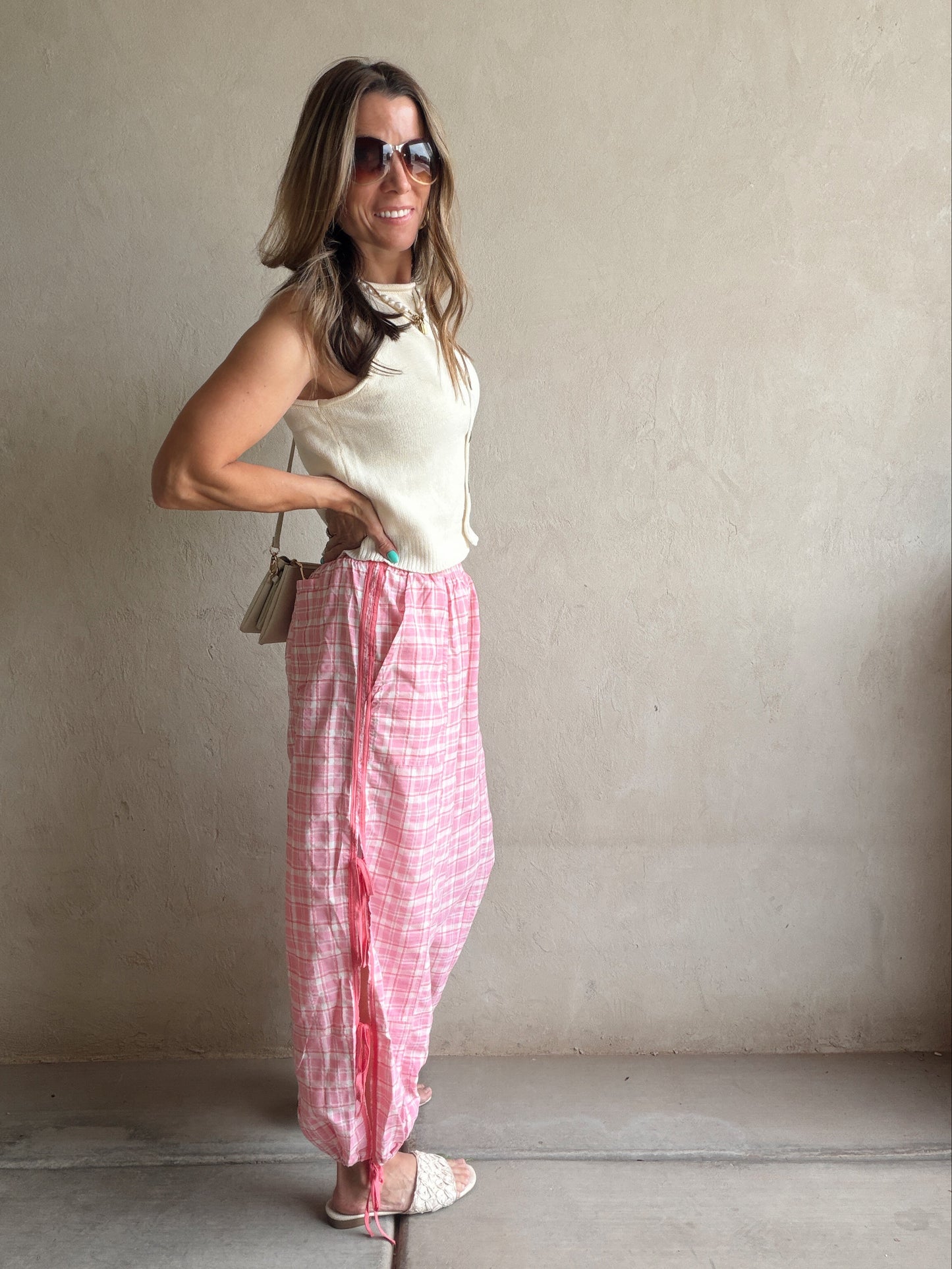 Christine Parachute Pants in Pink Plaid