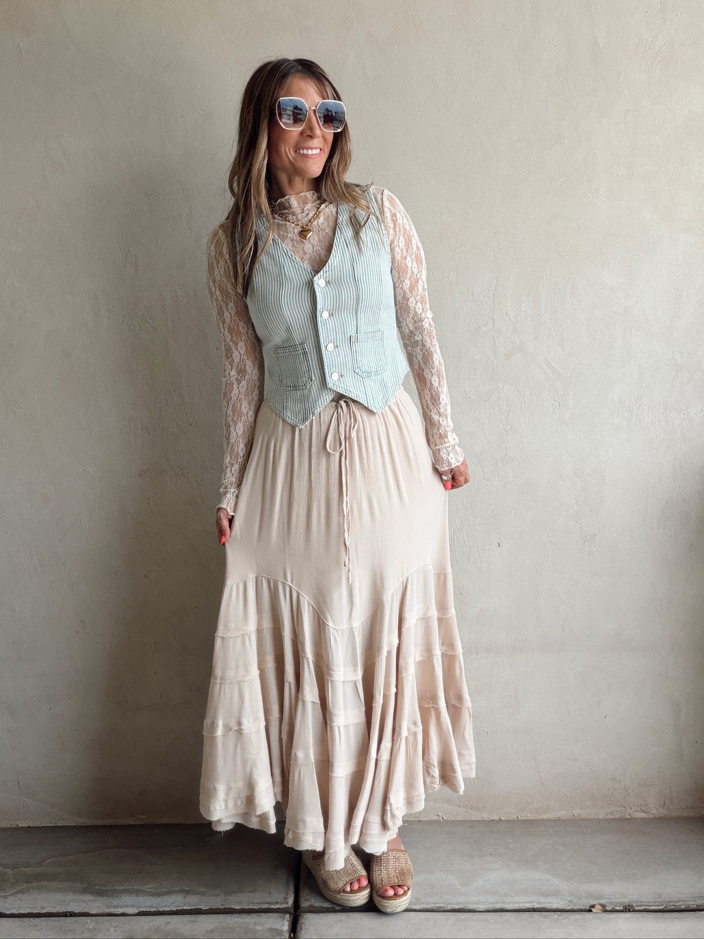Paisley Boho Skirt in Light Beige