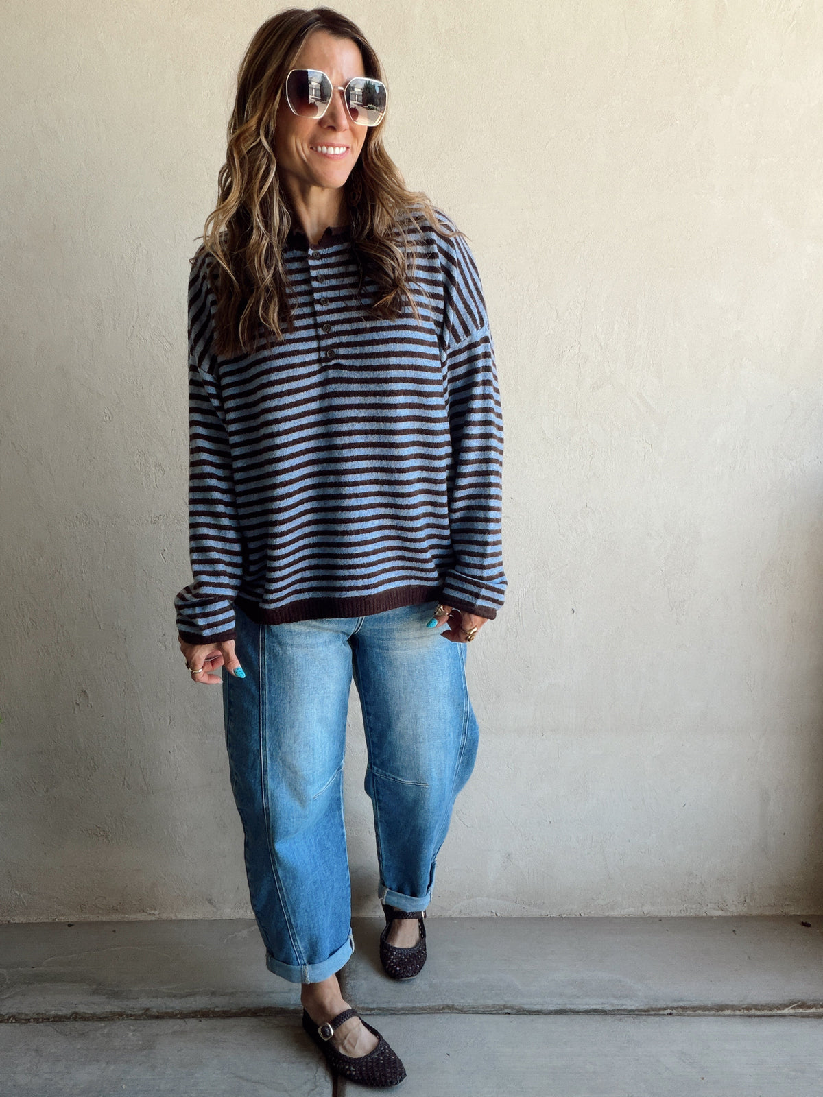 Hanna Henley Sweater in Blue & Chocolate