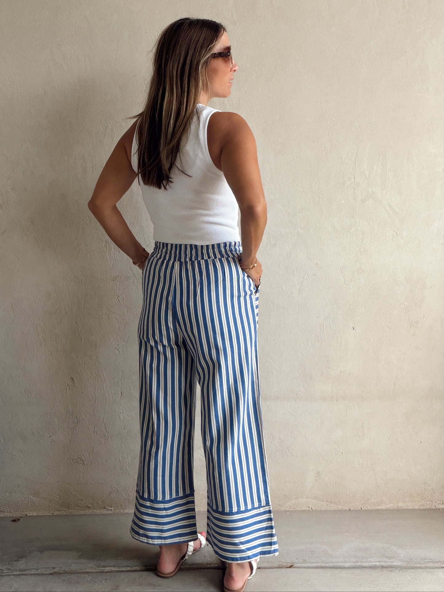 Kyla Drawstring Stripe Linen Pants in Blue & White