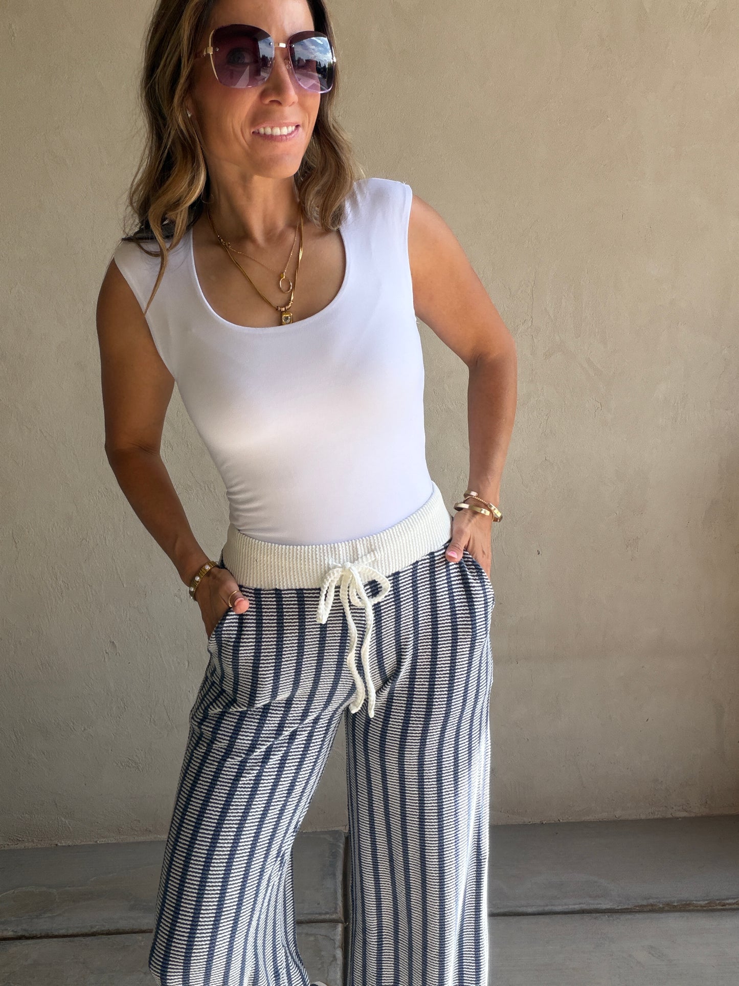 Andrea Ribbed Pants in Navy & Ivory