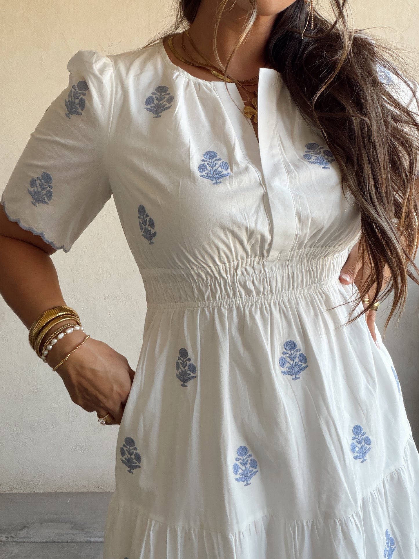 Perry Floral Dress in White & Blue