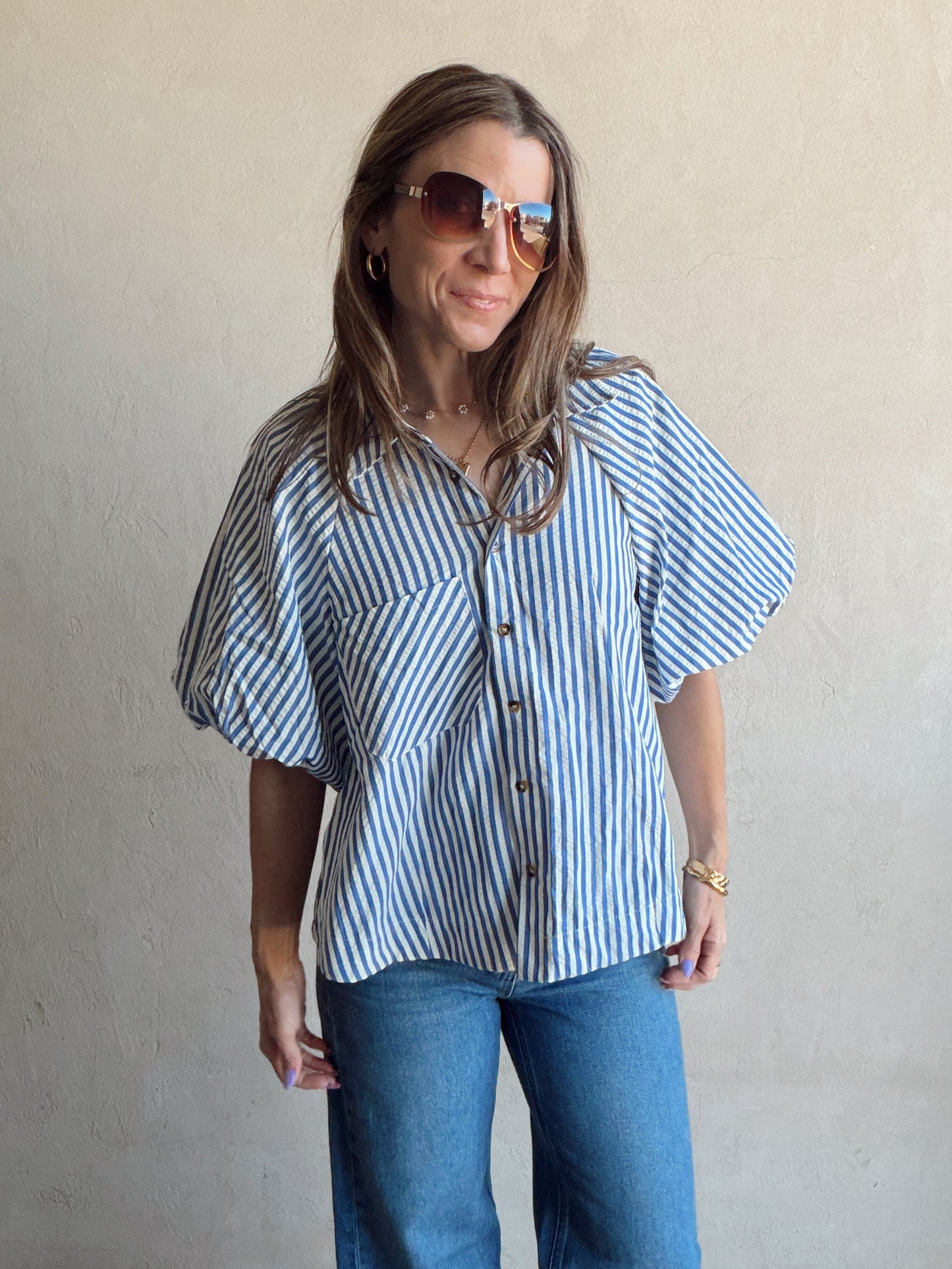 Jess Button Up Top in Blue Stripe