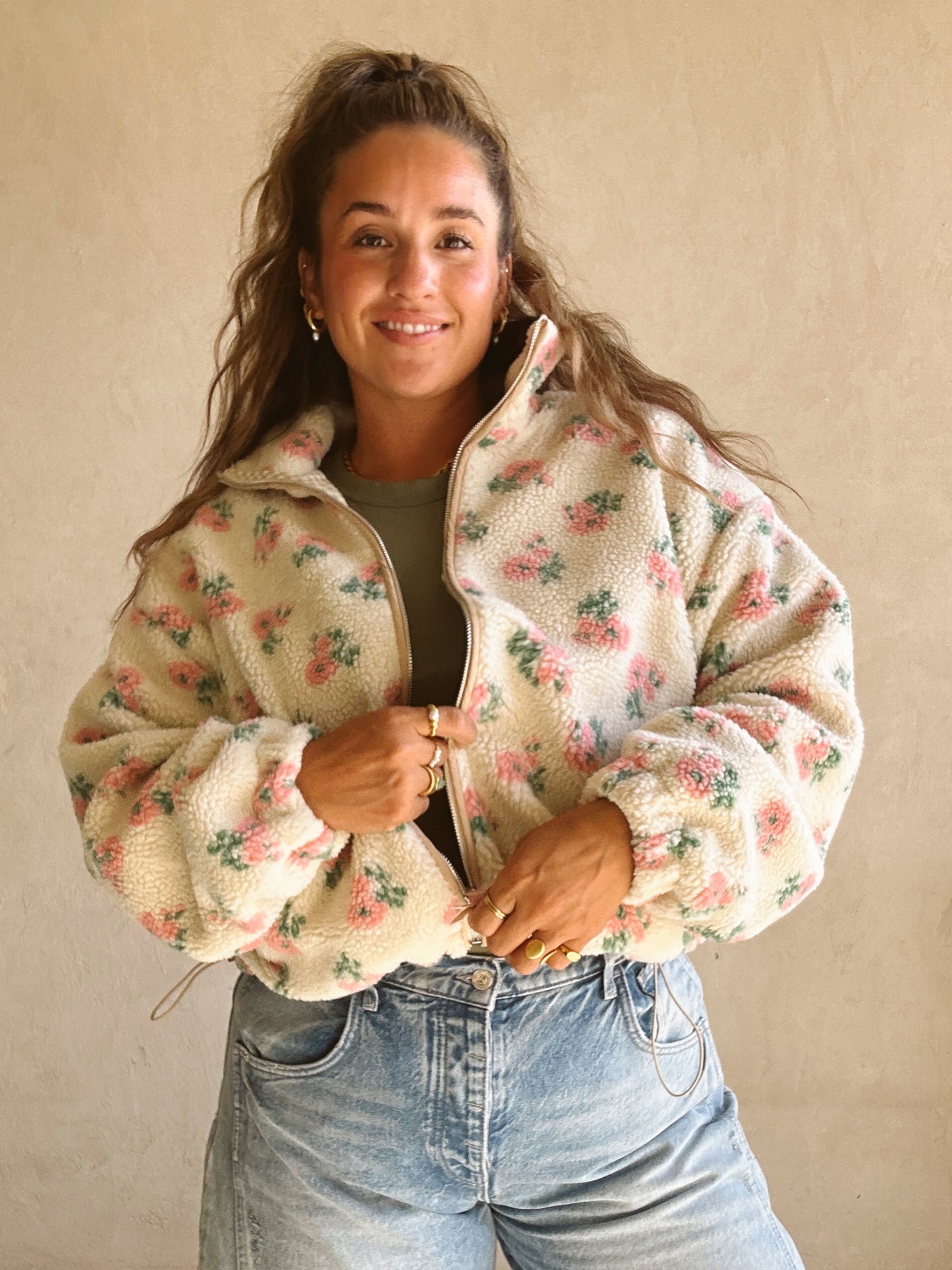 Quinn Sherpa Floral Jacket in Cream