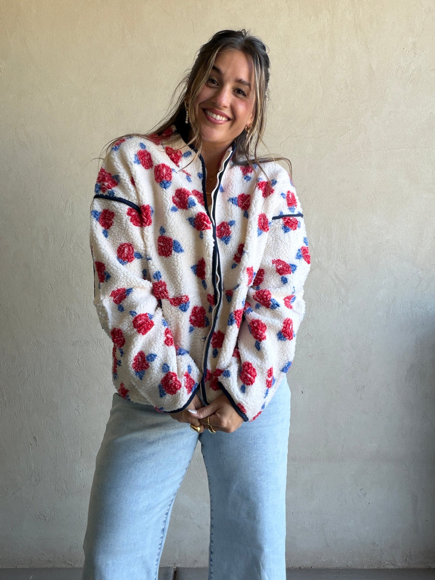 Luann Sherpa Jacket in Cream, Navy, & Red