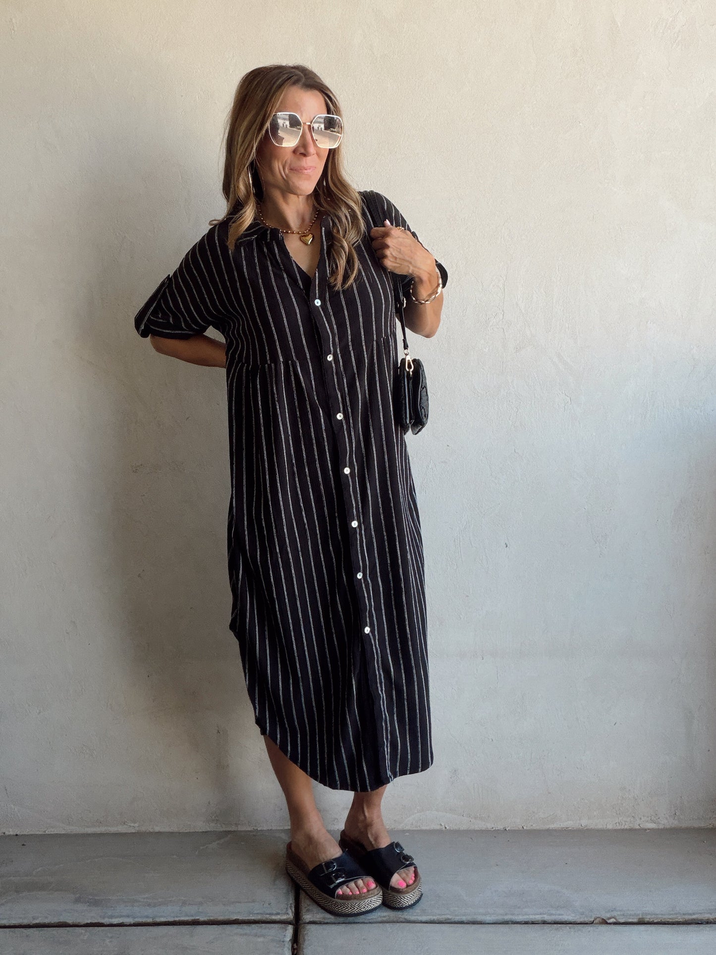Tia Dress in Black with White Stripes