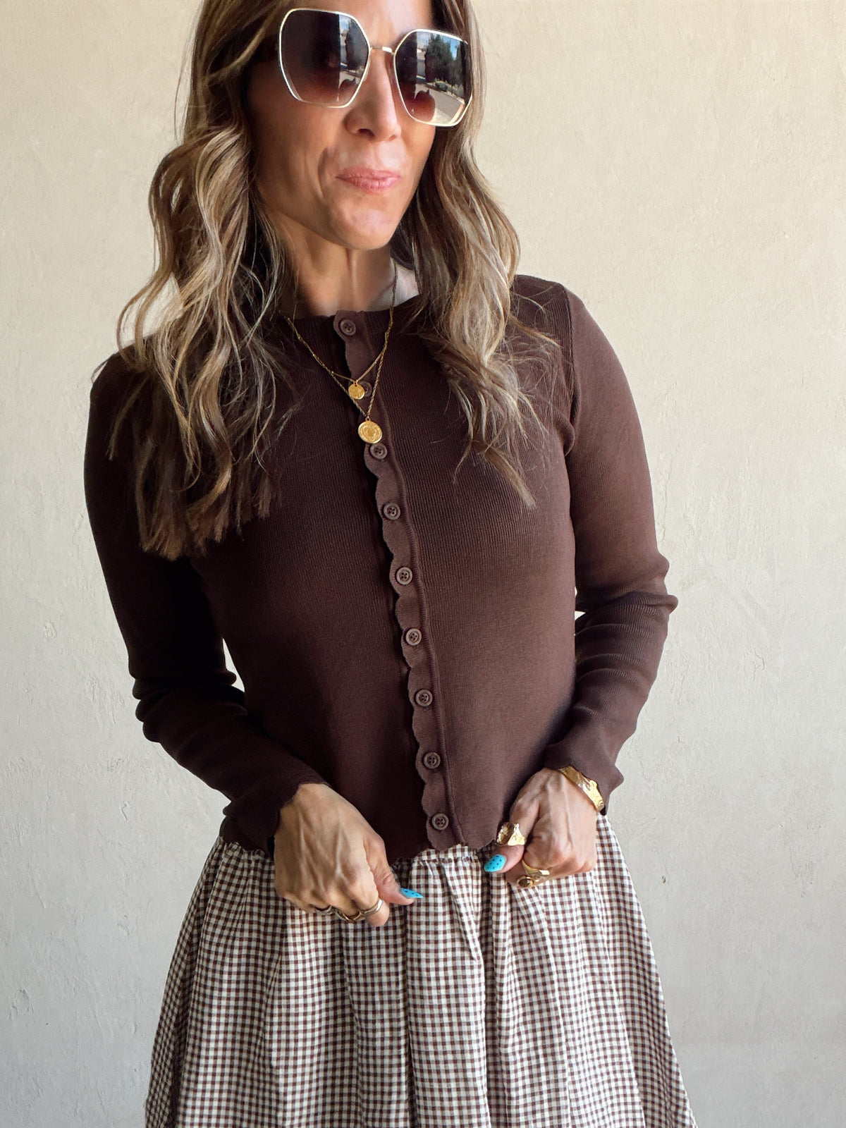 Caroline Scalloped Cardigan in Brown