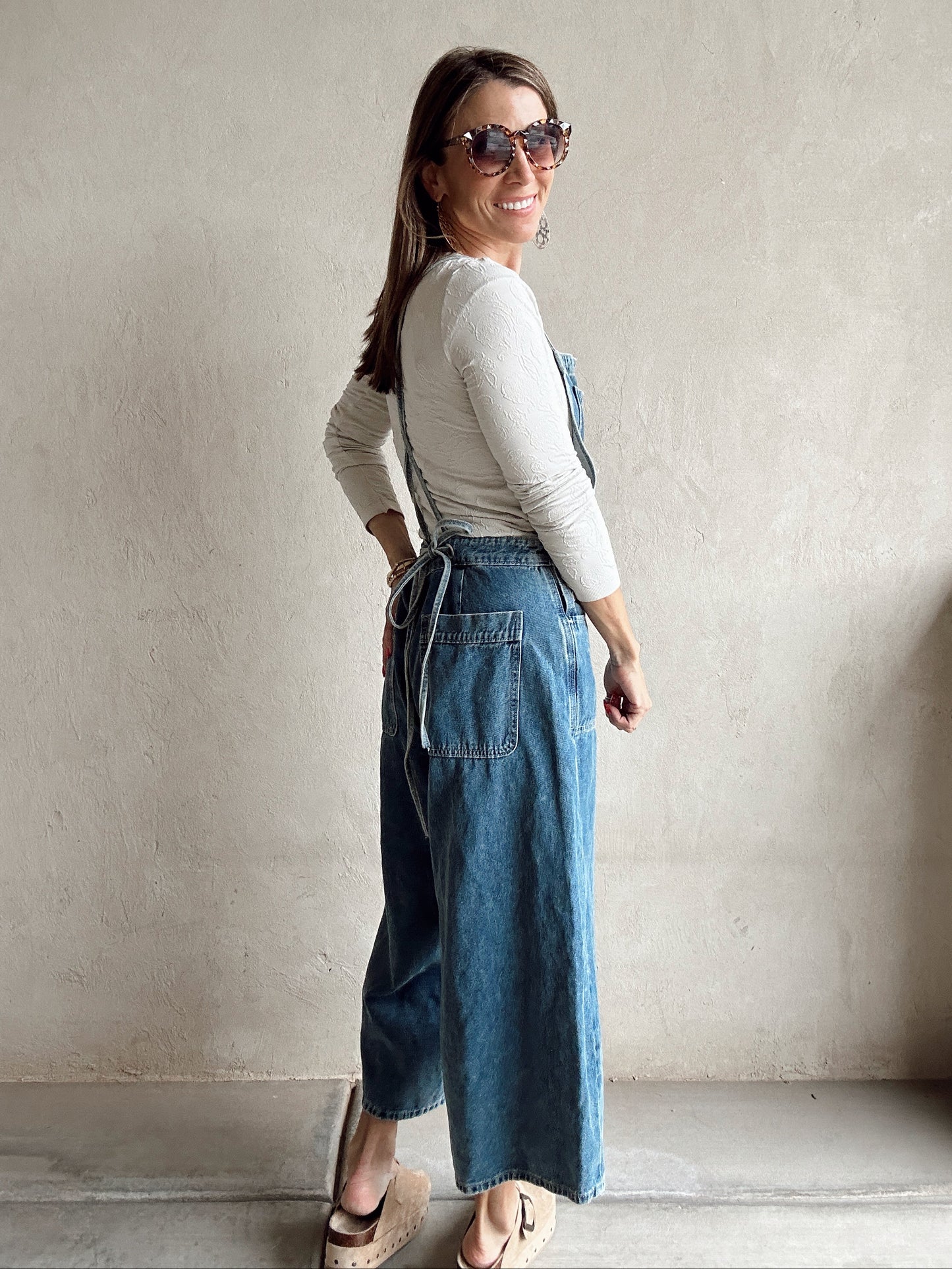 Madelyn Tie Back Overalls in Medium Denim