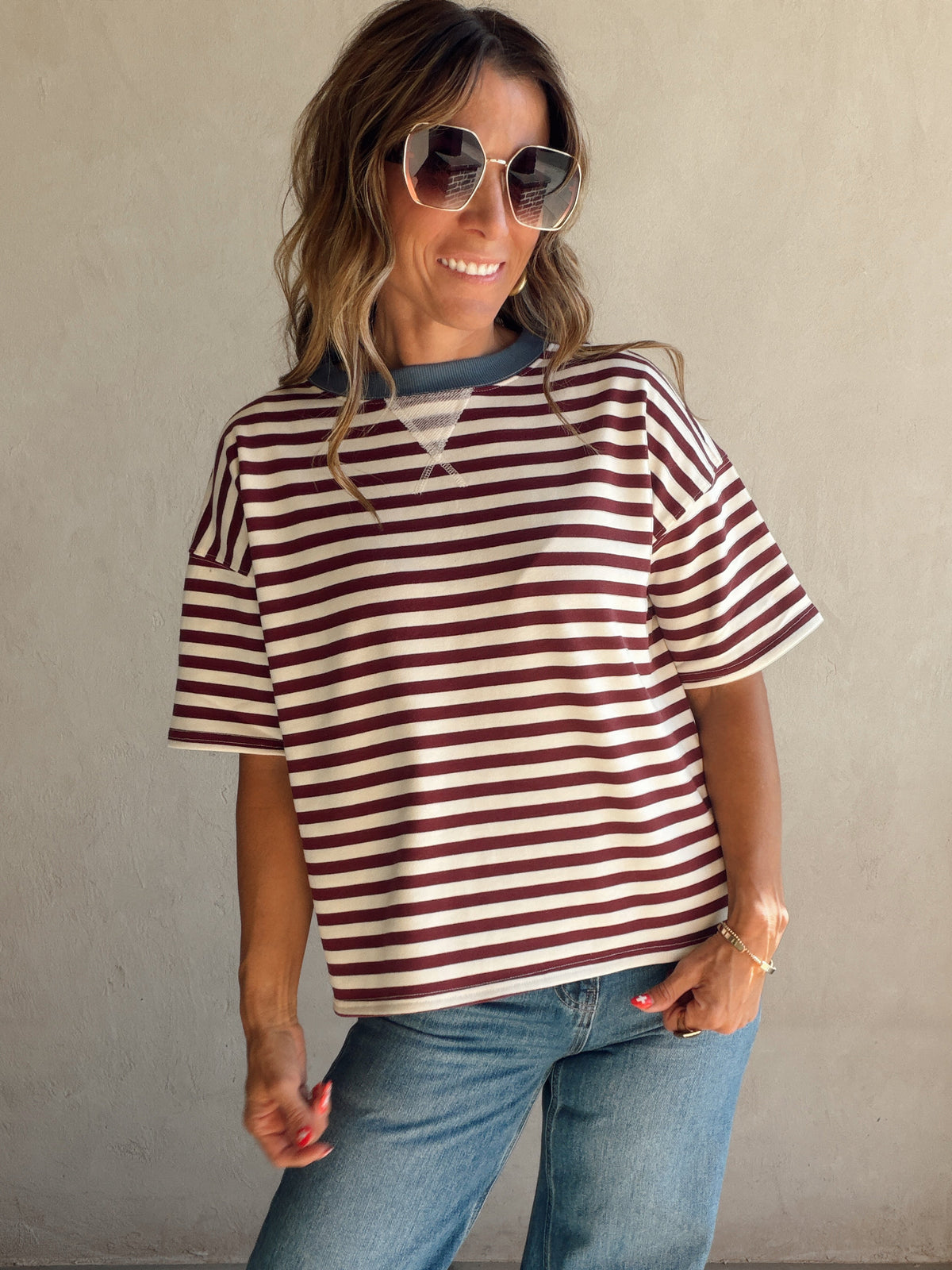 Sienna Striped Tee Burgundy & Cream