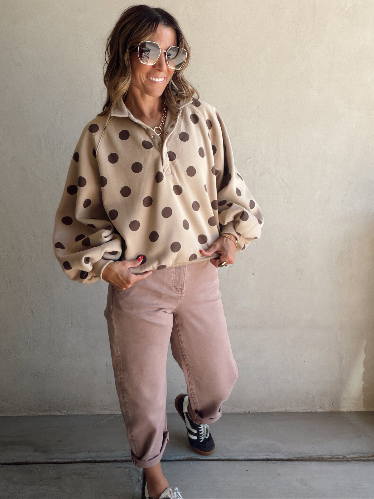 Kaylani Sweatshirt in Taupe & Chocolate Polka Dot
