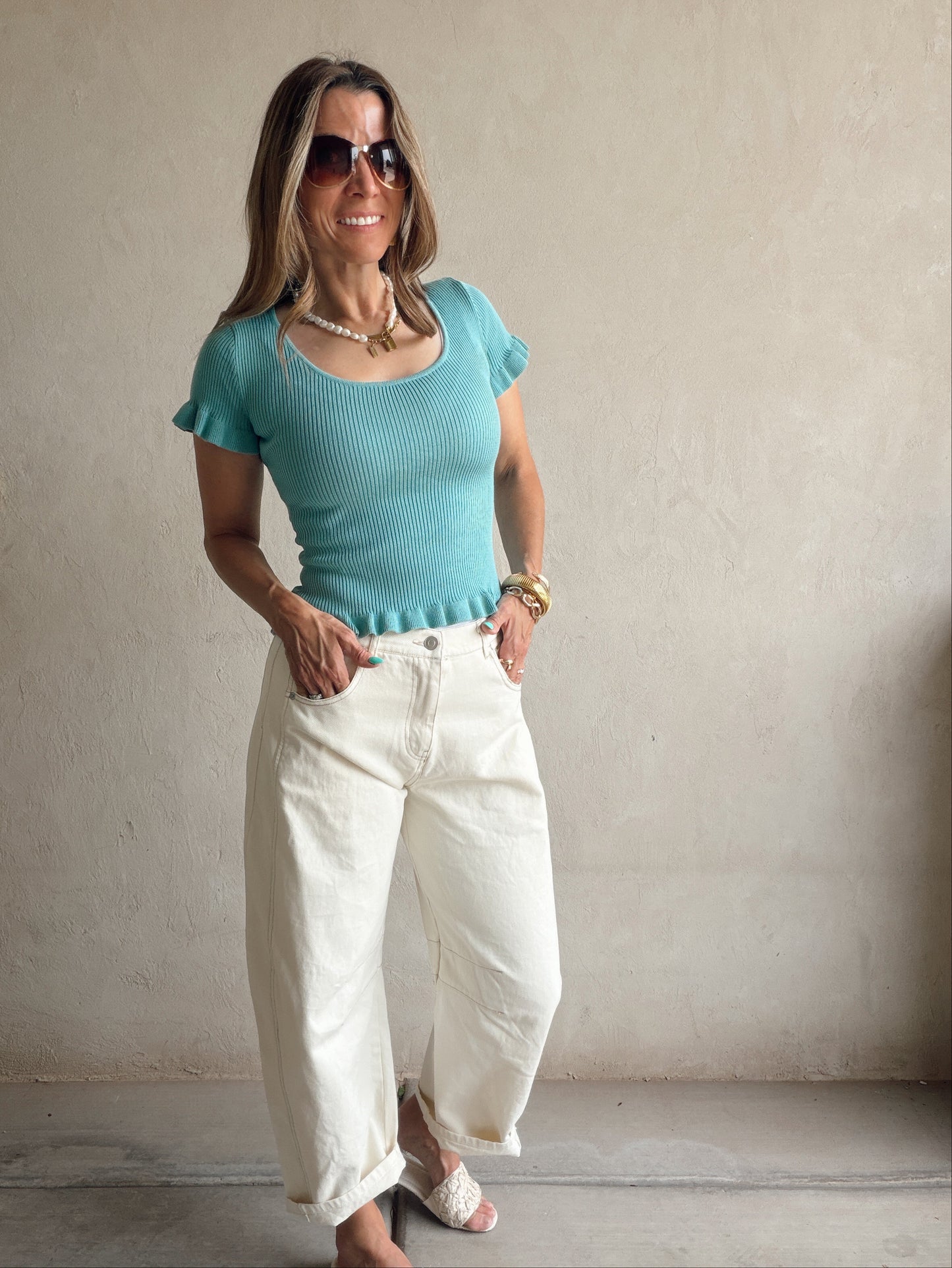 Rilee Ribbed Scoop Neck Top in Teal