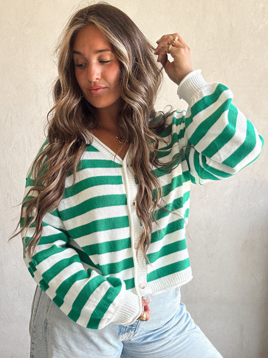 Brendee Striped Cardigan in Green & Ivory