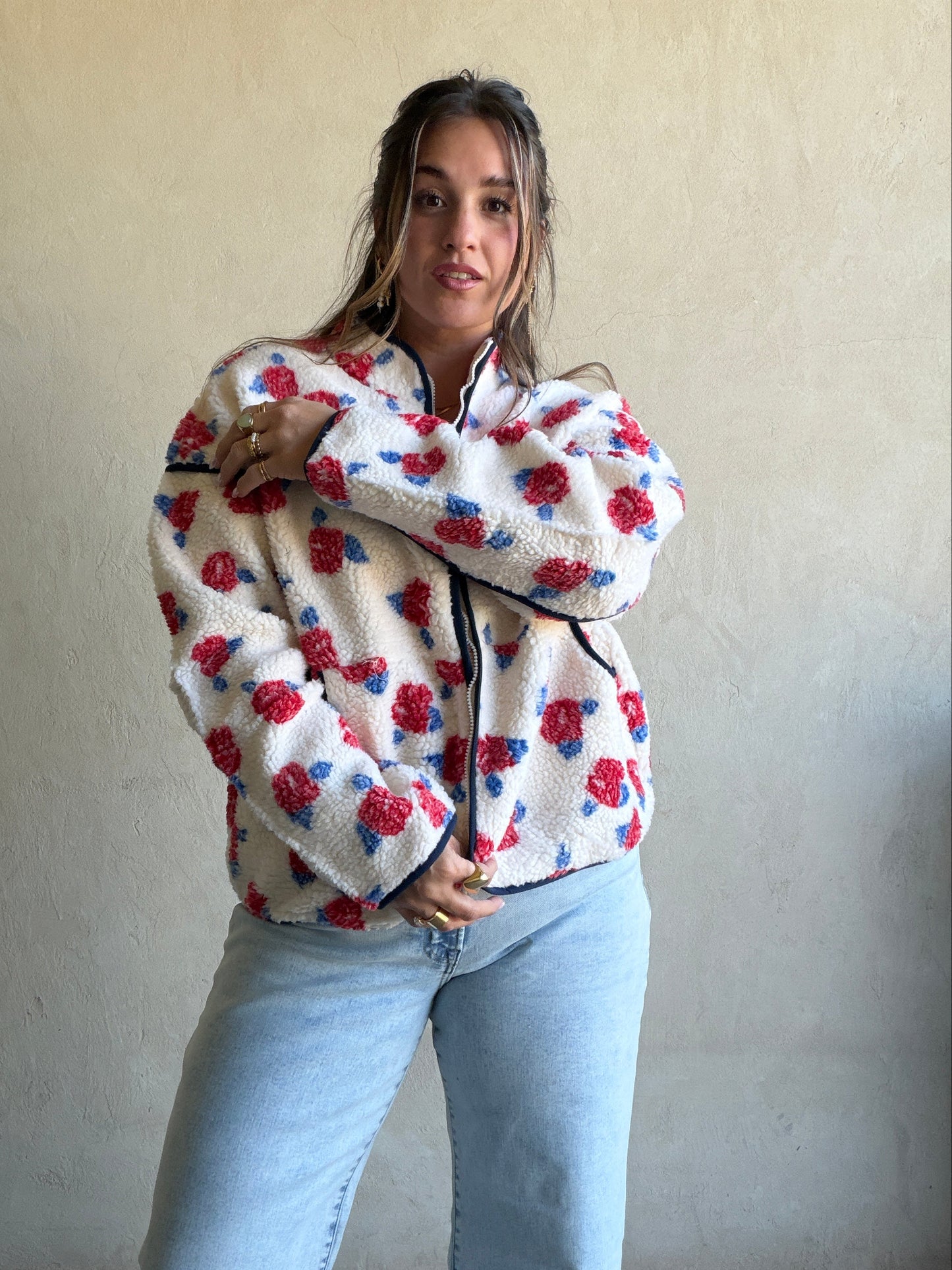 Luann Sherpa Jacket in Cream, Navy, & Red