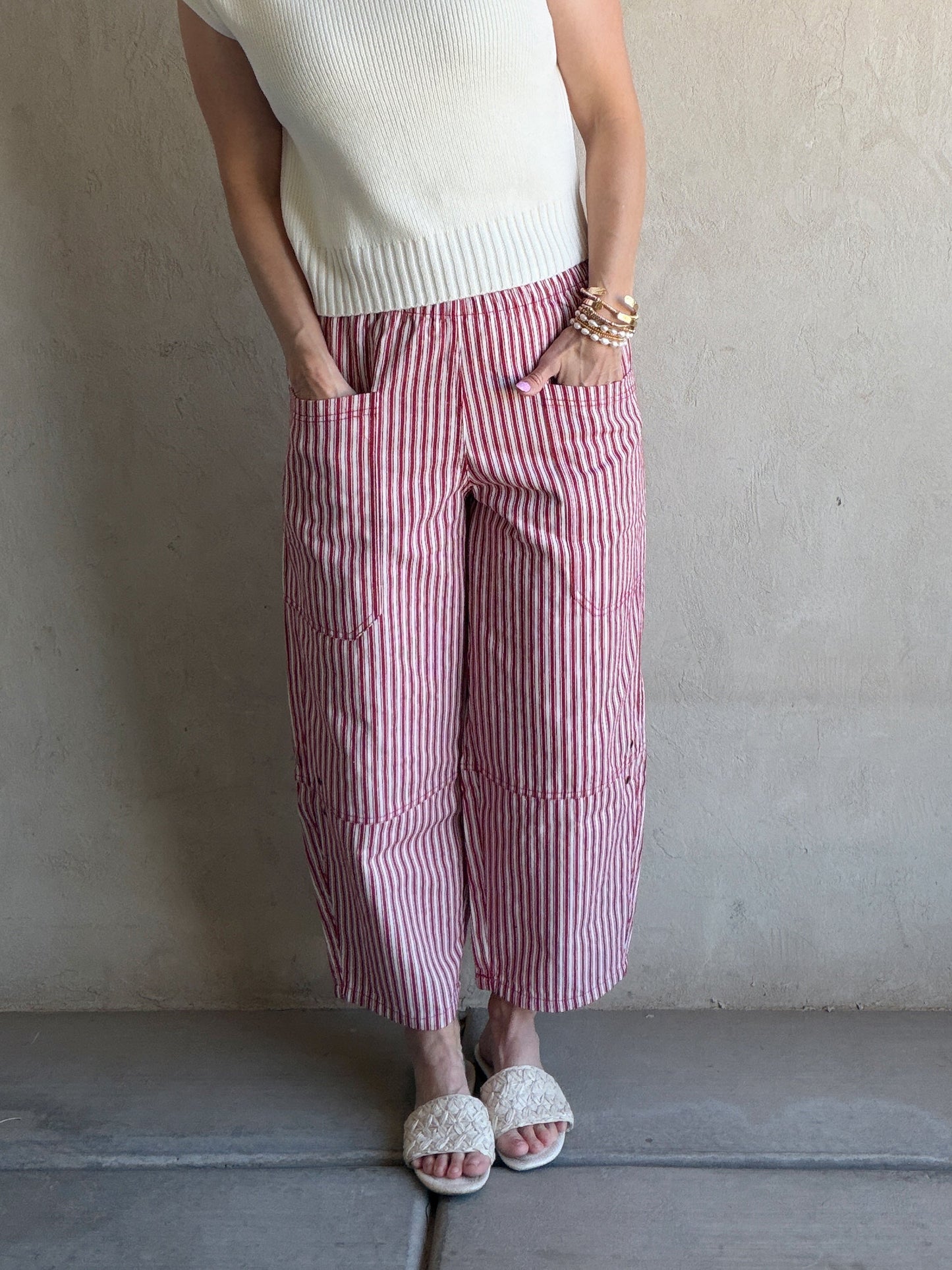 Striped Barrel Pant in Red