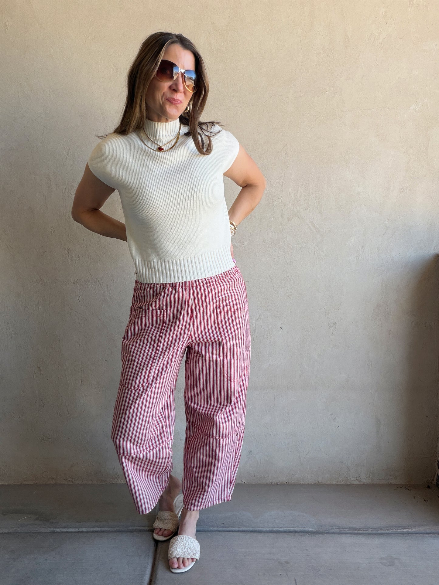 Striped Barrel Pant in Red