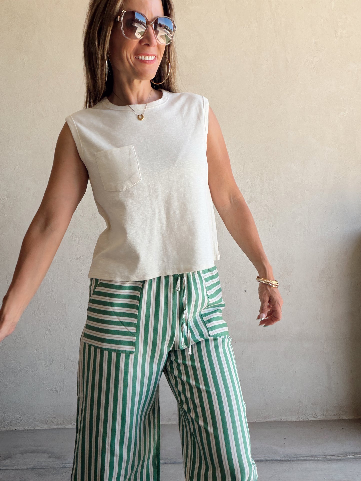 Kyla Drawstring Stripe Linen Pants in Green & Sand