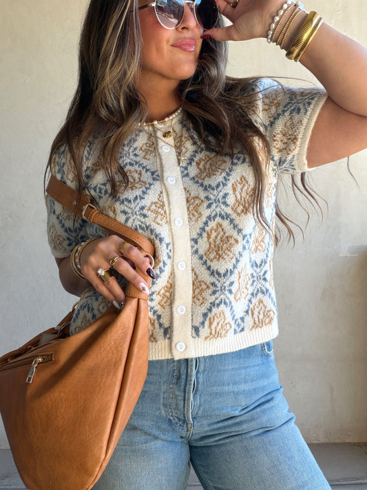 Maddy Button Down Cardigan in Blue & Camel