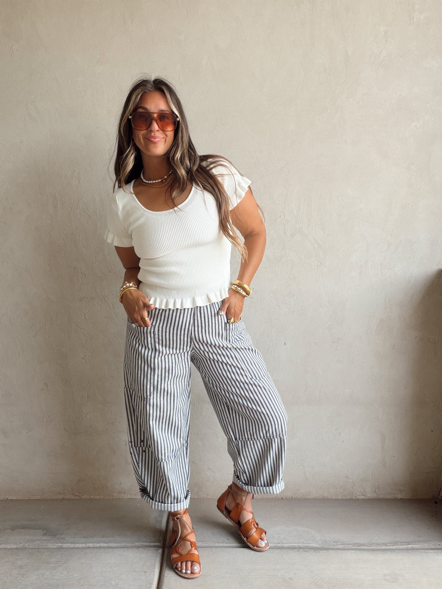 Rilee Ribbed White Scoop Neck Top in Ivory