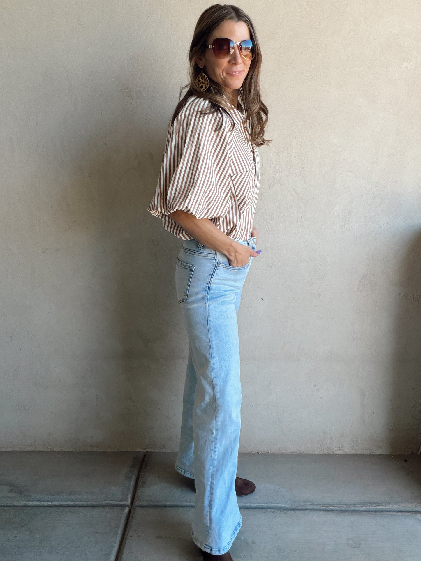 Jess Button Up Top in Pecan Stripe