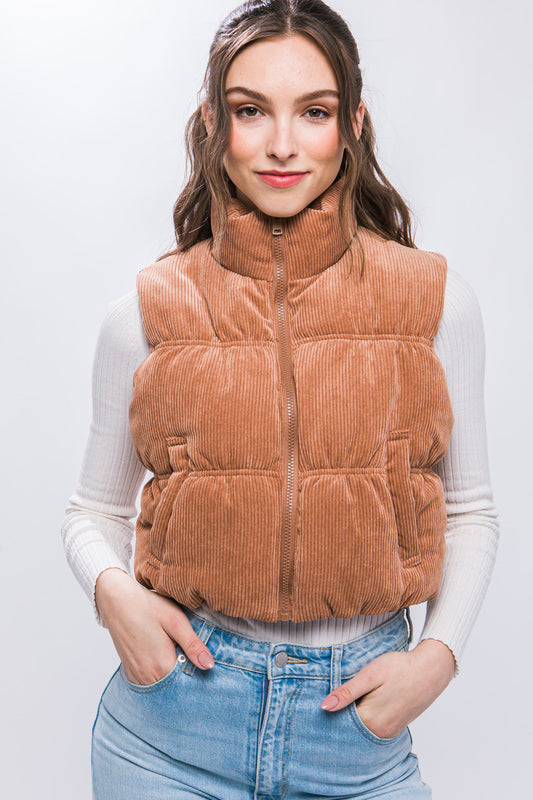 Corduroy Puffer Vest in Camel