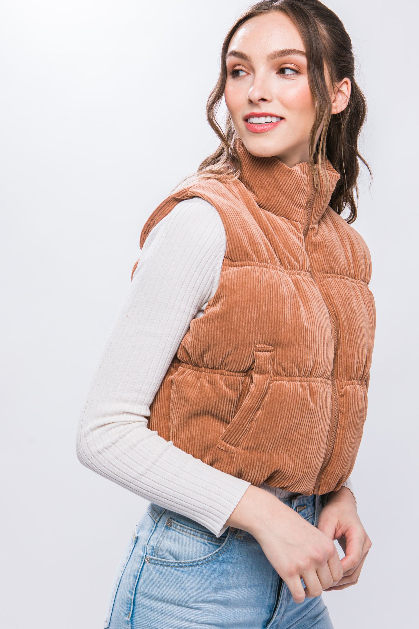 Corduroy Puffer Vest in Camel