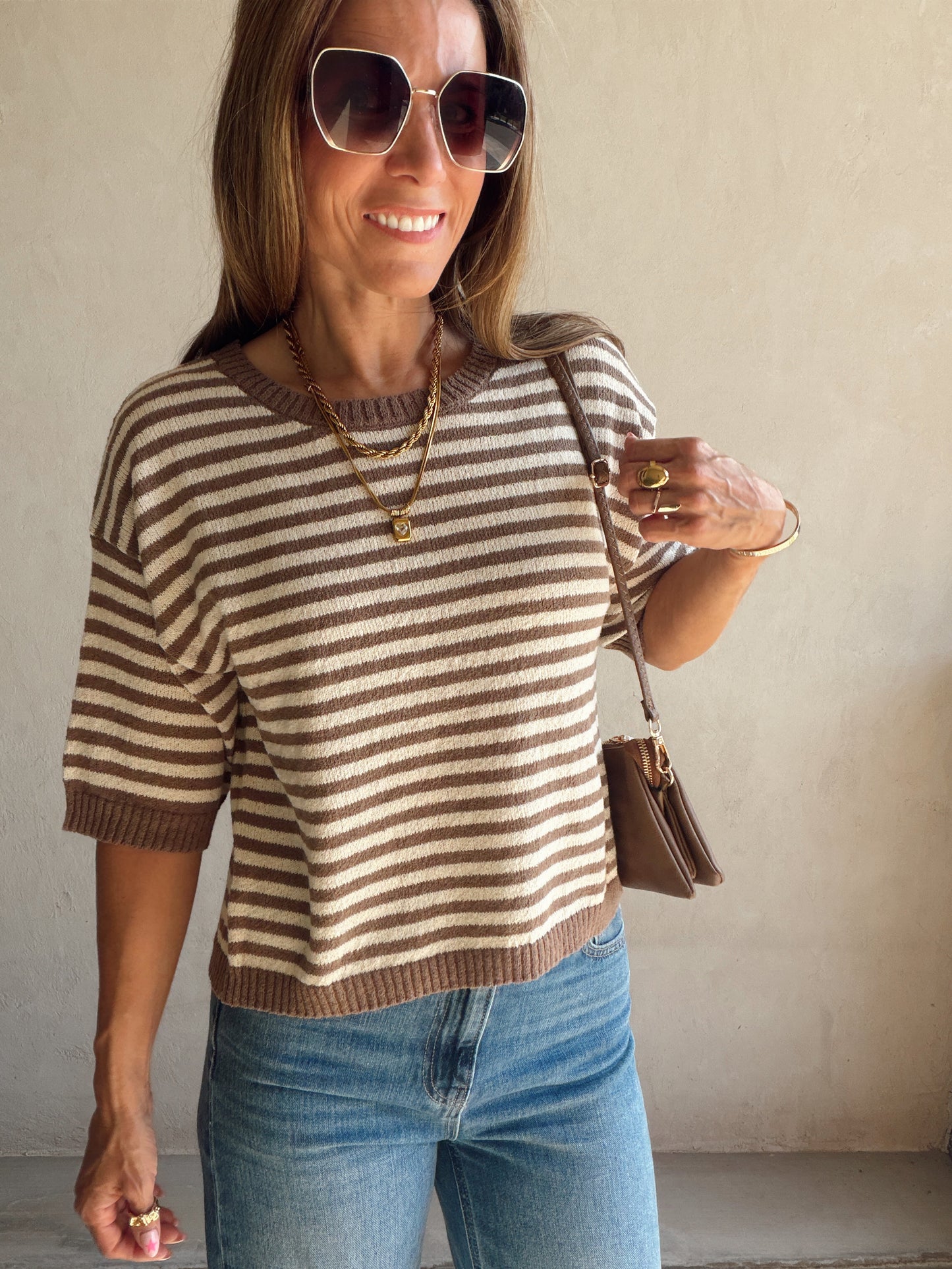 Emerald Striped Top in Mocha & Cream