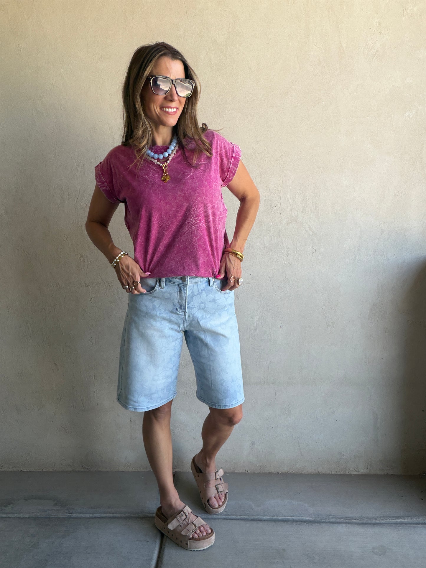 Chloe Floral Bermuda Shorts in Light Wash