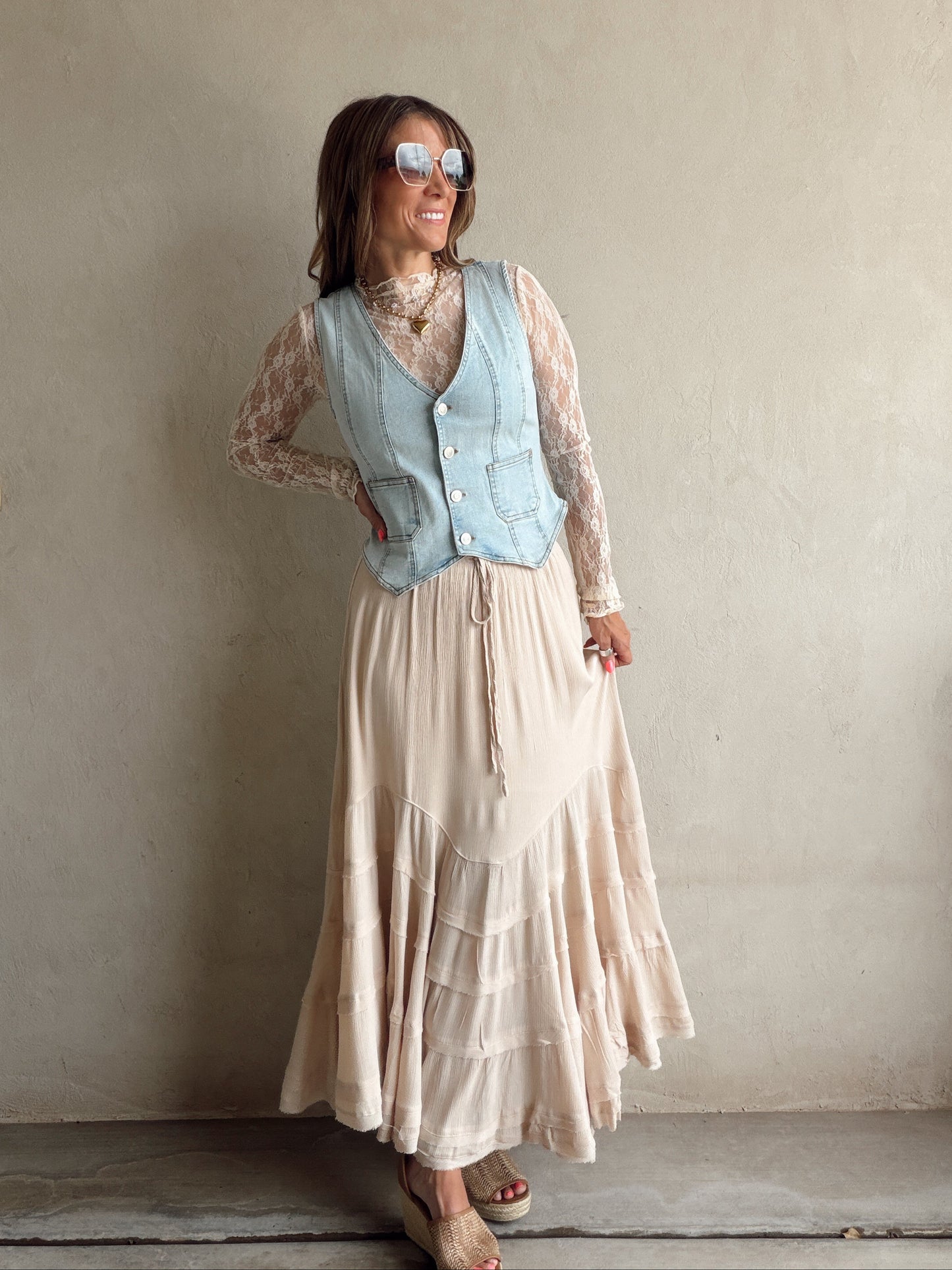 Paisley Boho Skirt in Light Beige