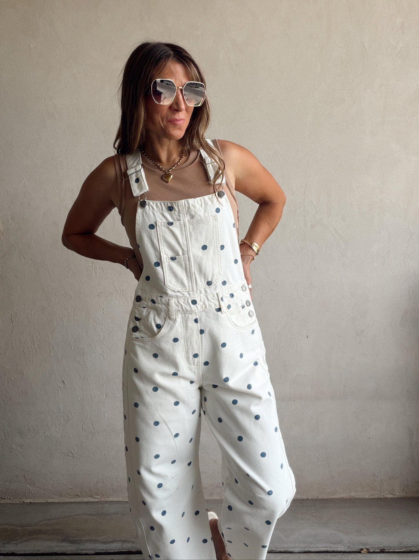 Leah Barrel Overalls in Cream with Blue Polka Dots