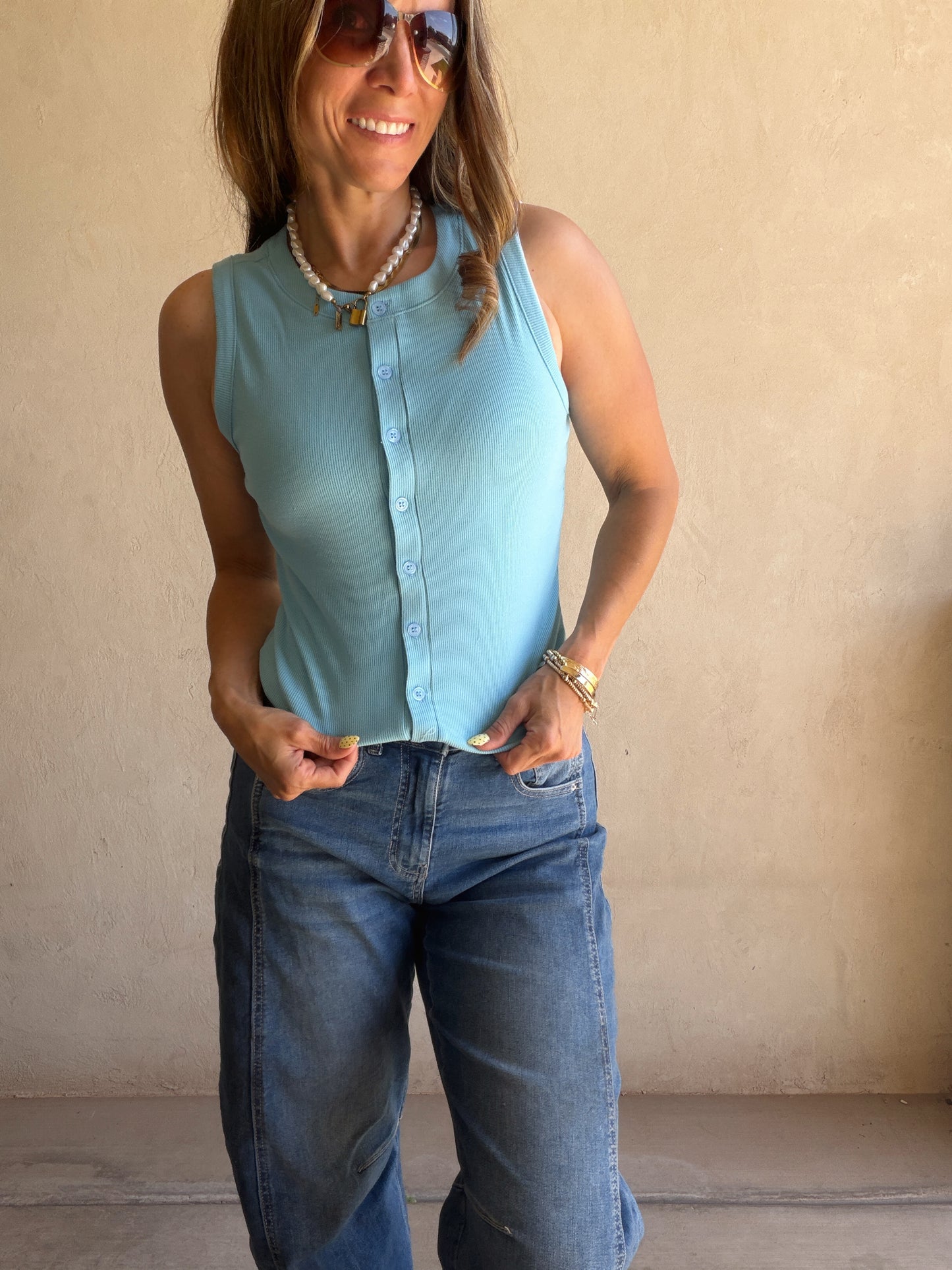 Whitney Ribbed Sleeveless Tank in Blue