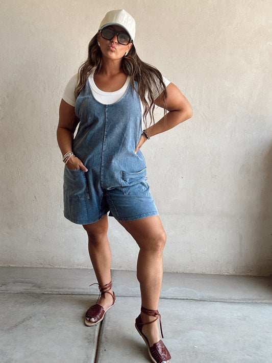 Millie Mineral Washed Romper in Navy