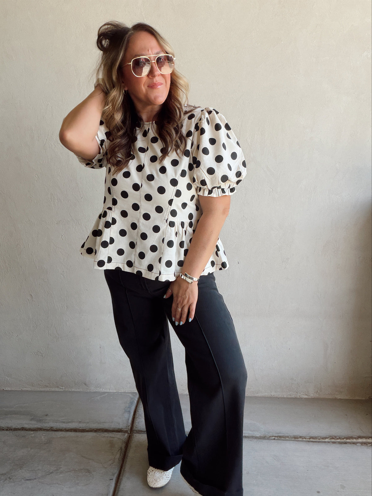 Barb Polka Dot top in Natural & Black