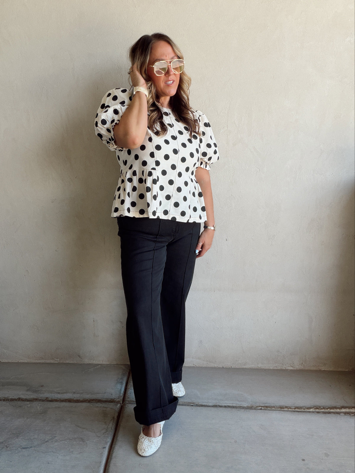 Barb Polka Dot top in Natural & Black