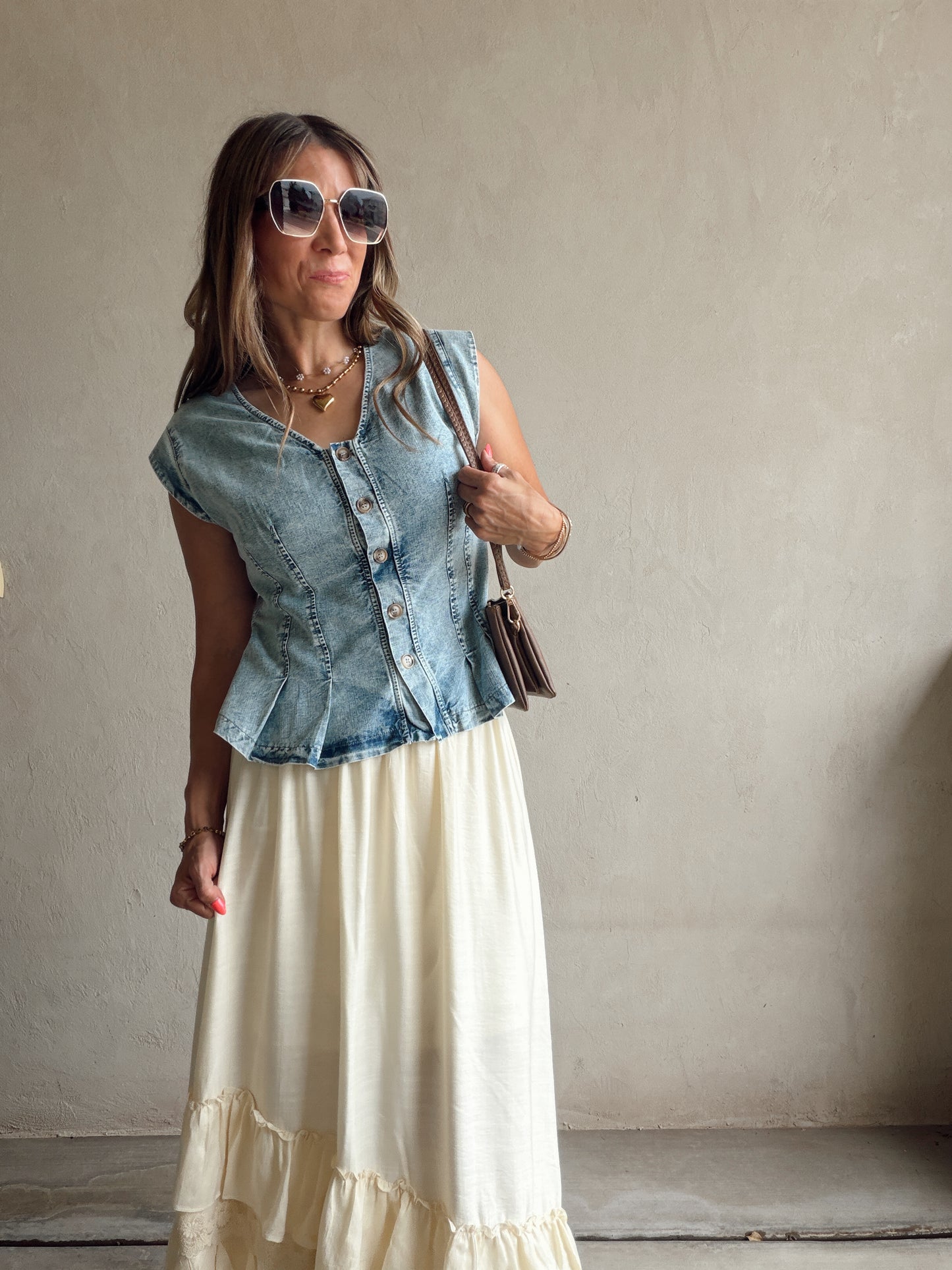 Kennedy Ruffle Top in Washed Denim