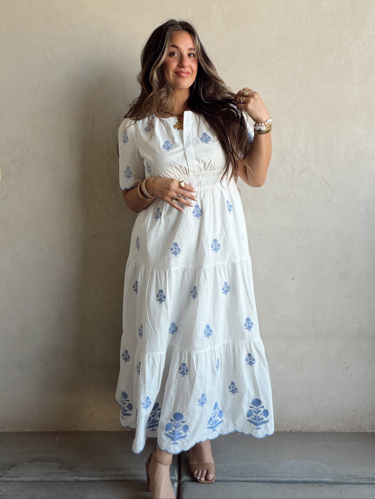 Perry Floral Dress in White & Blue