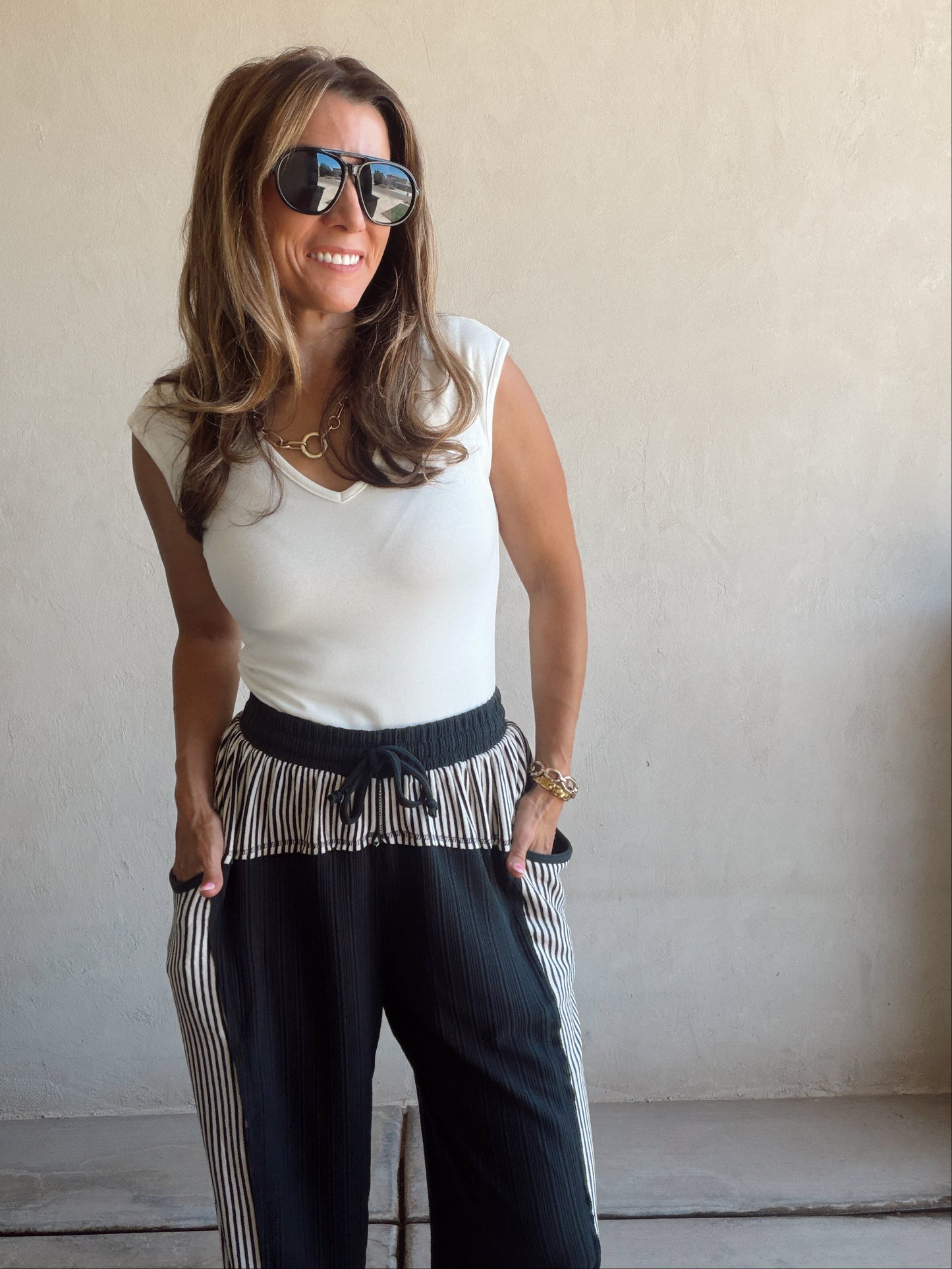 Barrel Pants in Charcoal & Stripes