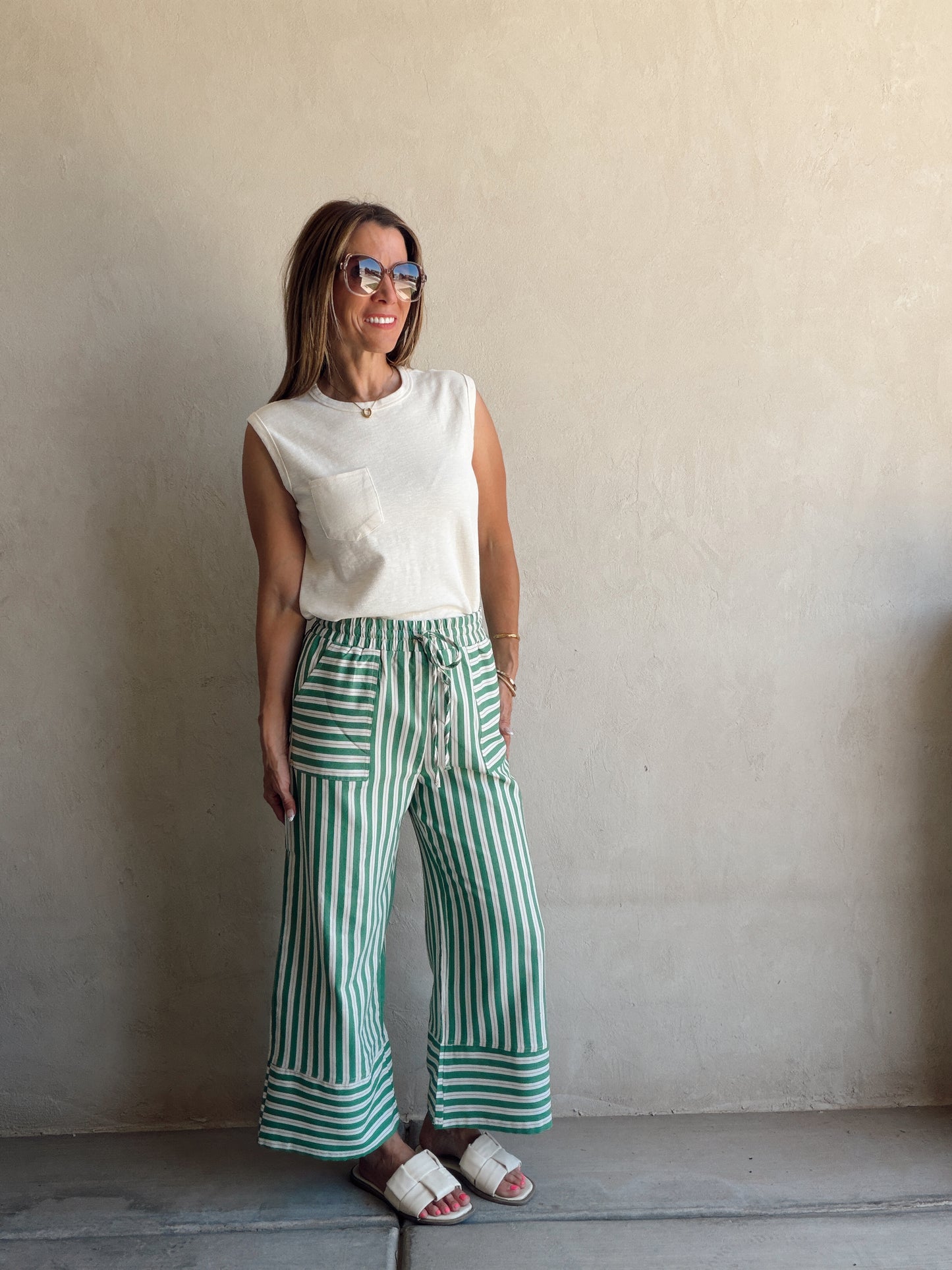 Kyla Drawstring Stripe Linen Pants in Green & Sand