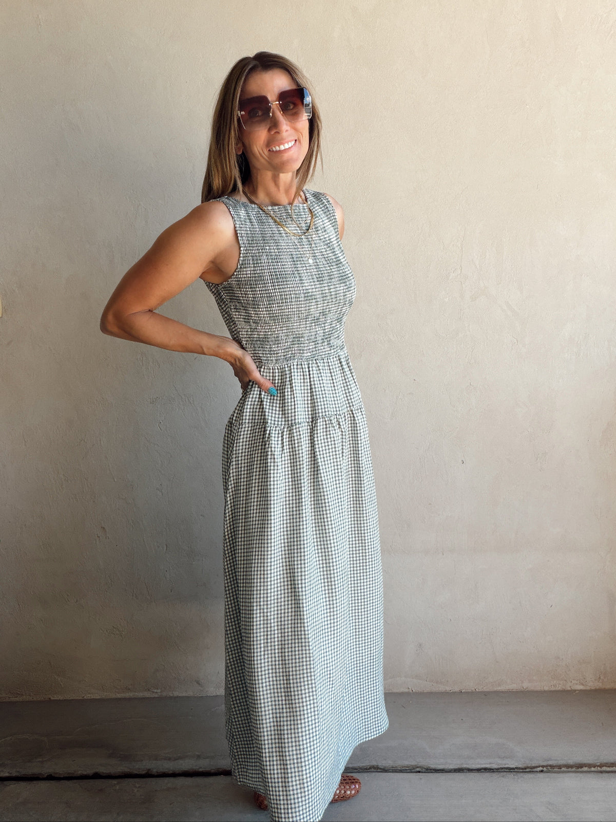 Denise Dress in Gingham Dress in Evergreen & Cream