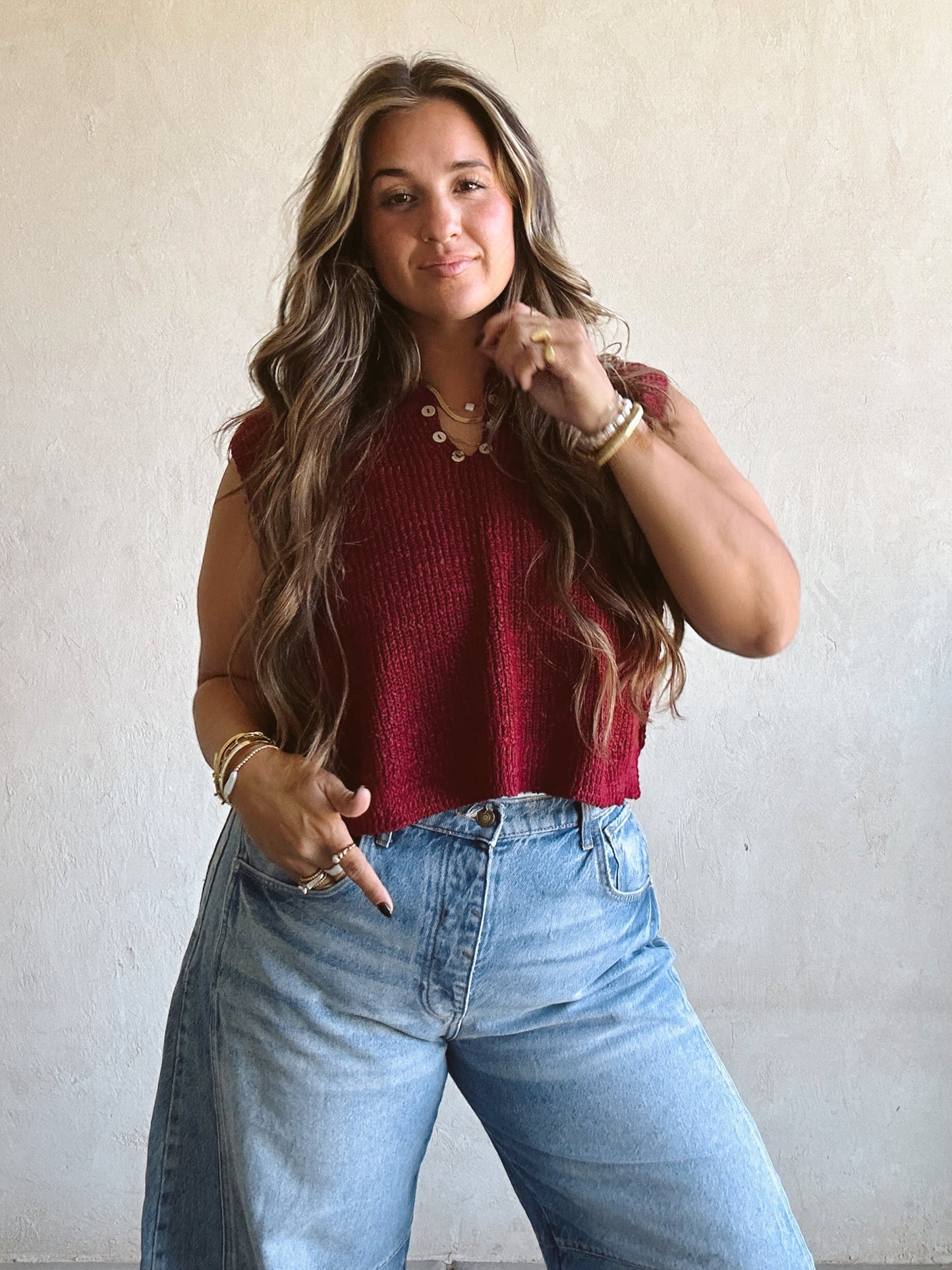 Candace V-Neck Top in Burgundy