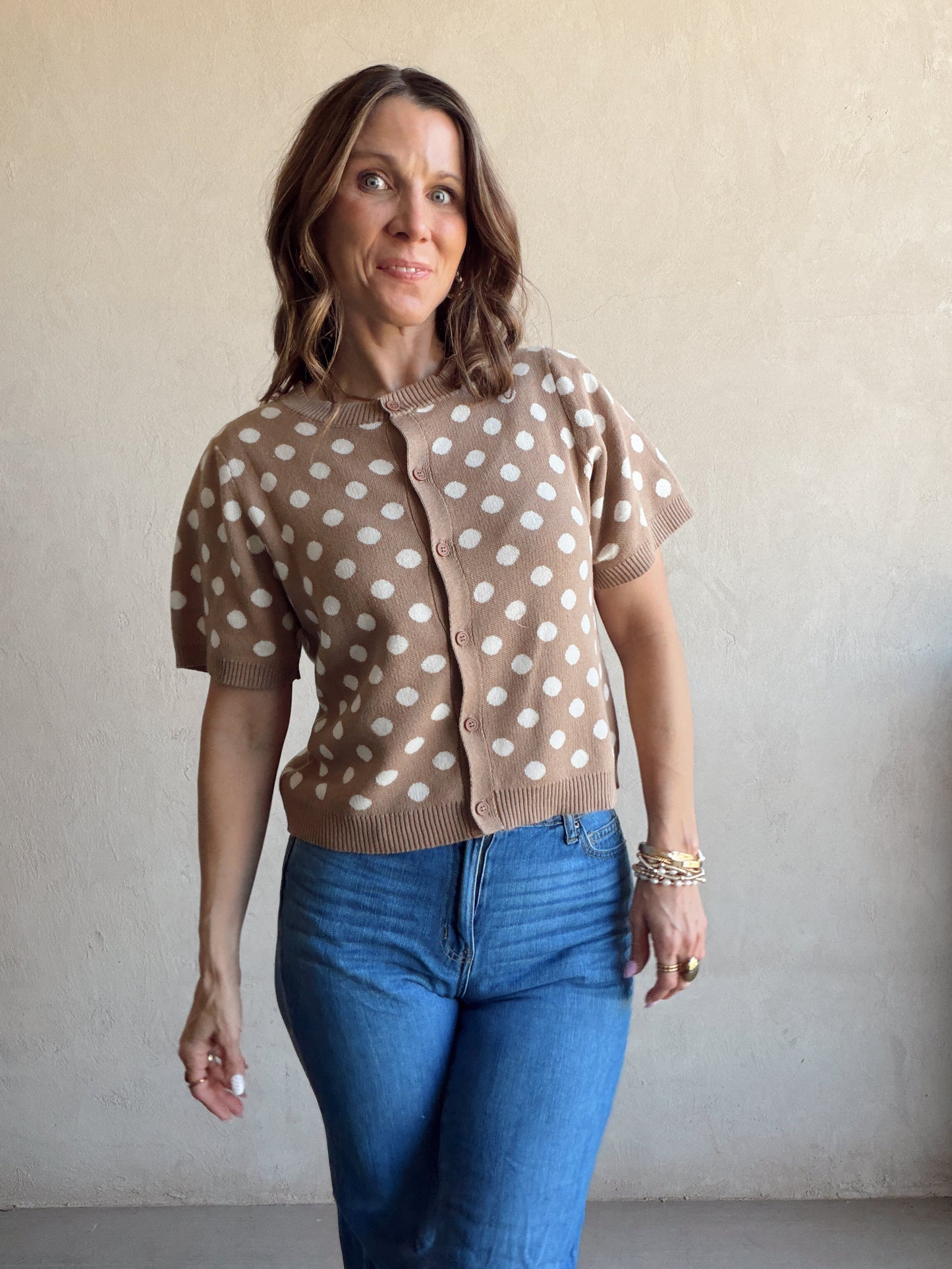 Polka Dot Cardigan in Taupe & Ivory