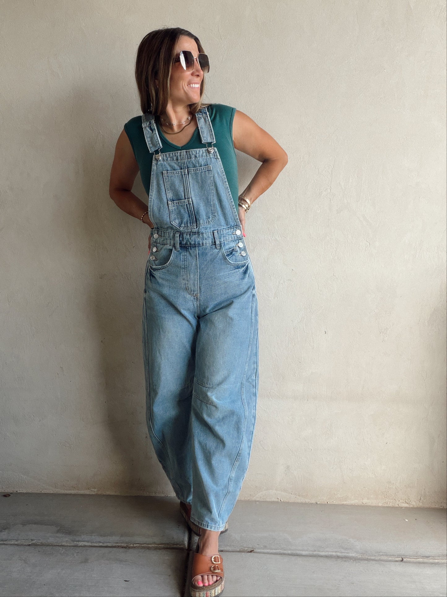 Bridget Denim Barrel Overalls in Medium Wash