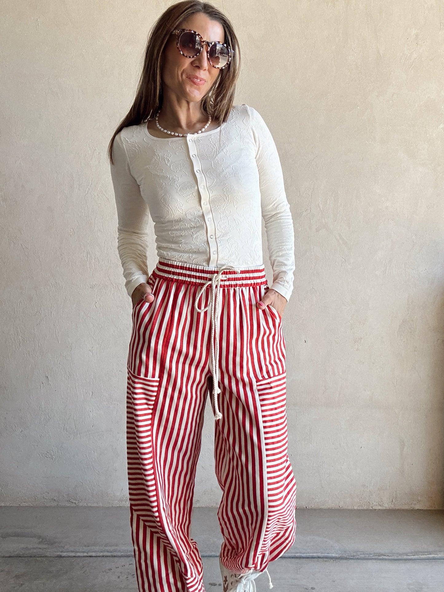 Ella Parachute Striped Pants in Red & Ivory