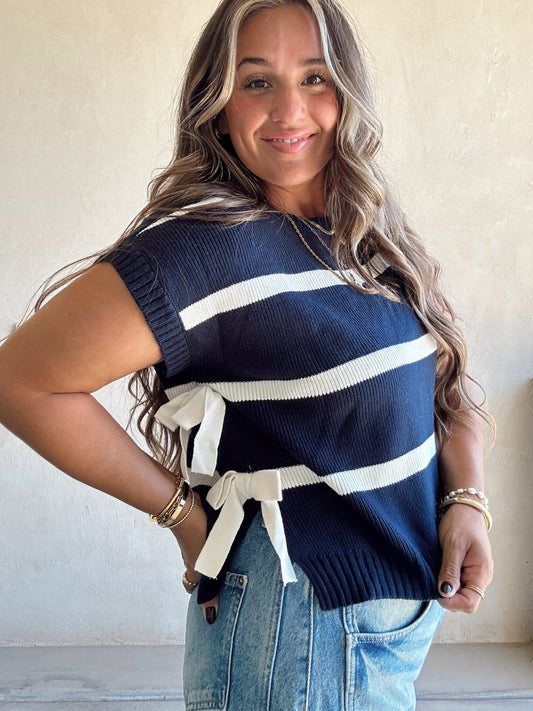 Lainee Striped Top with Side Bows in Navy, Mocha, and Ivory