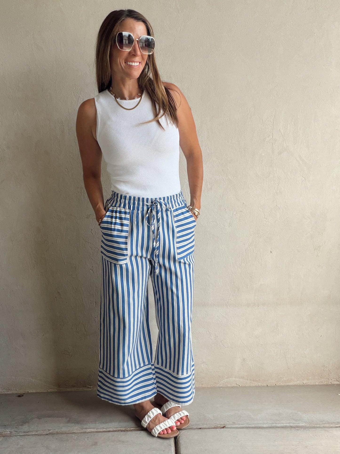 Kyla Drawstring Stripe Linen Pants in Blue & White
