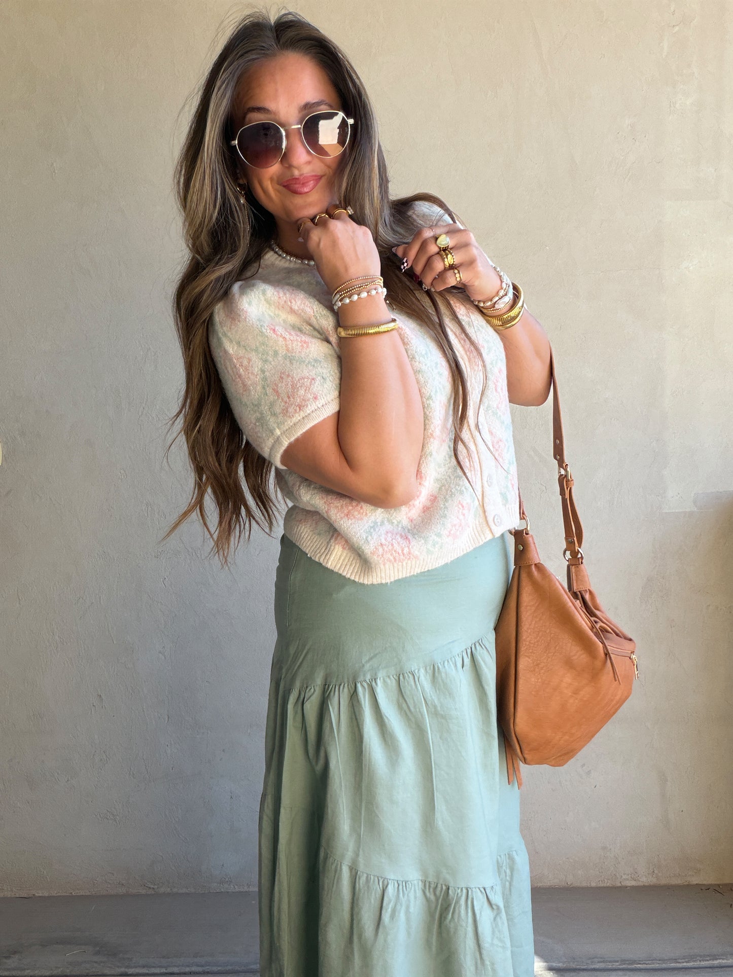 Maddy Button Down Cardigan in Cream, Sage & Pink